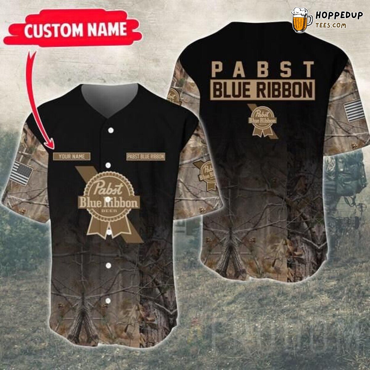 Deer Hunting Pabst Blue Ribbon Personalized Camo Baseball Jersey