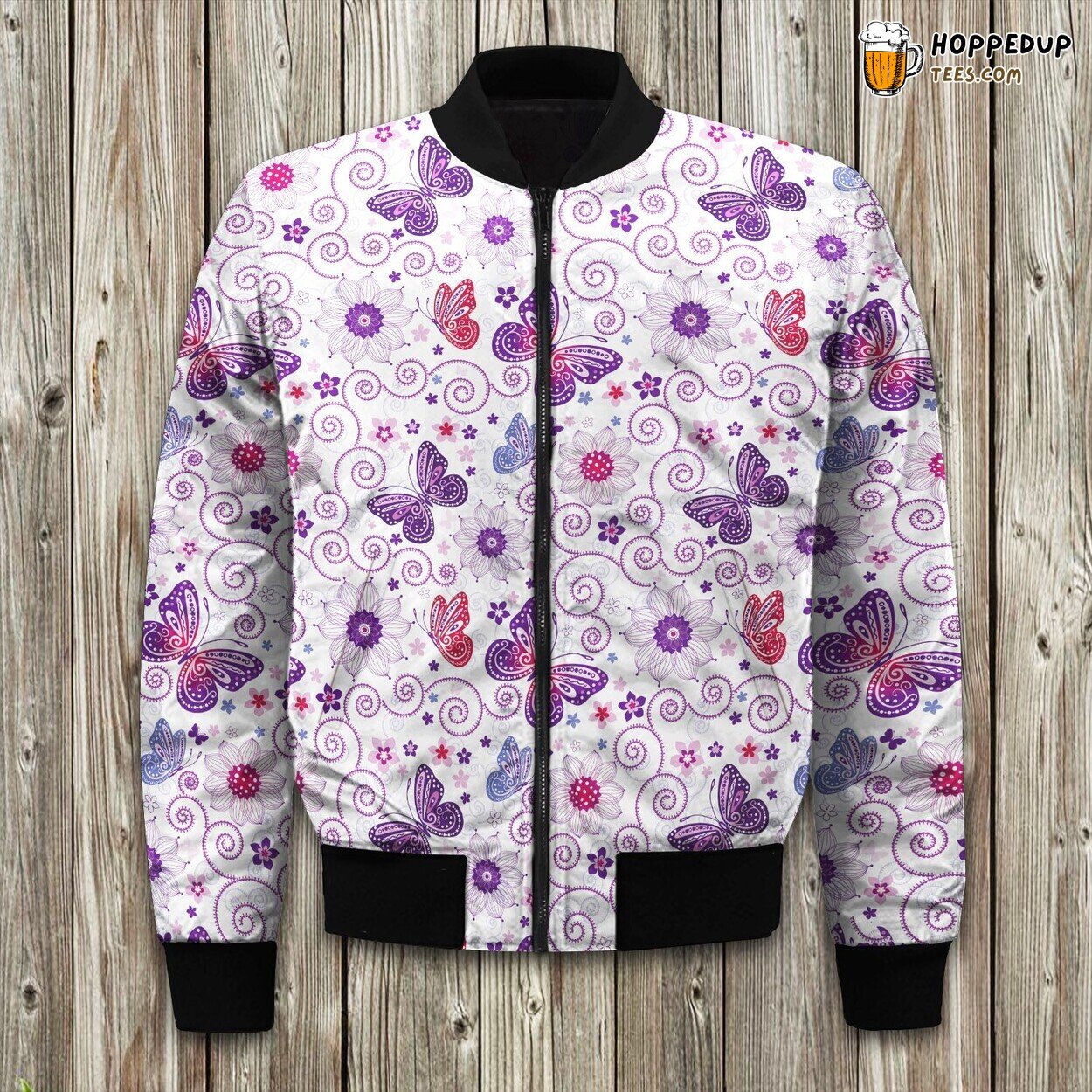 Delicate Butterfly Theme Winter Bomber Jacket Nature Inspired Elegance