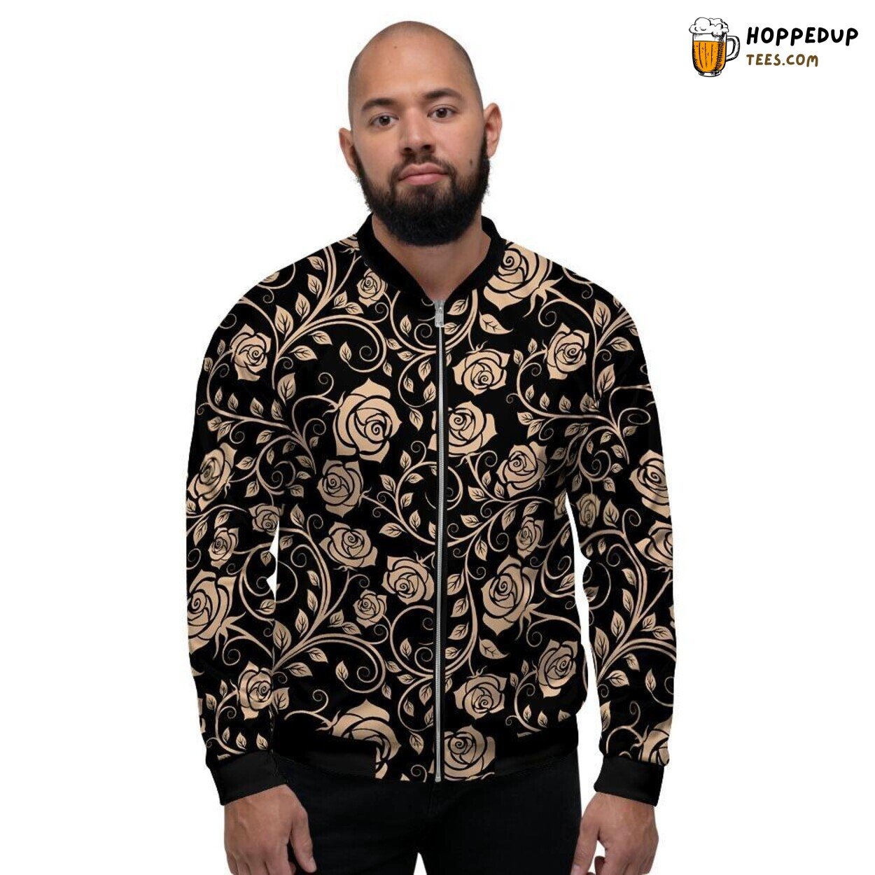 Delicate Gold Roses Floral Design Men’s Bomber Jacket Botanical Beauty Showcase