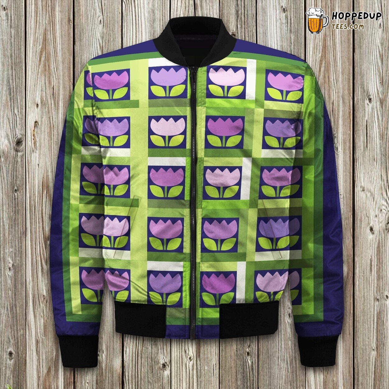 Delicate Tulip Applique Art Winter Bomber Jacket Floral Beauty