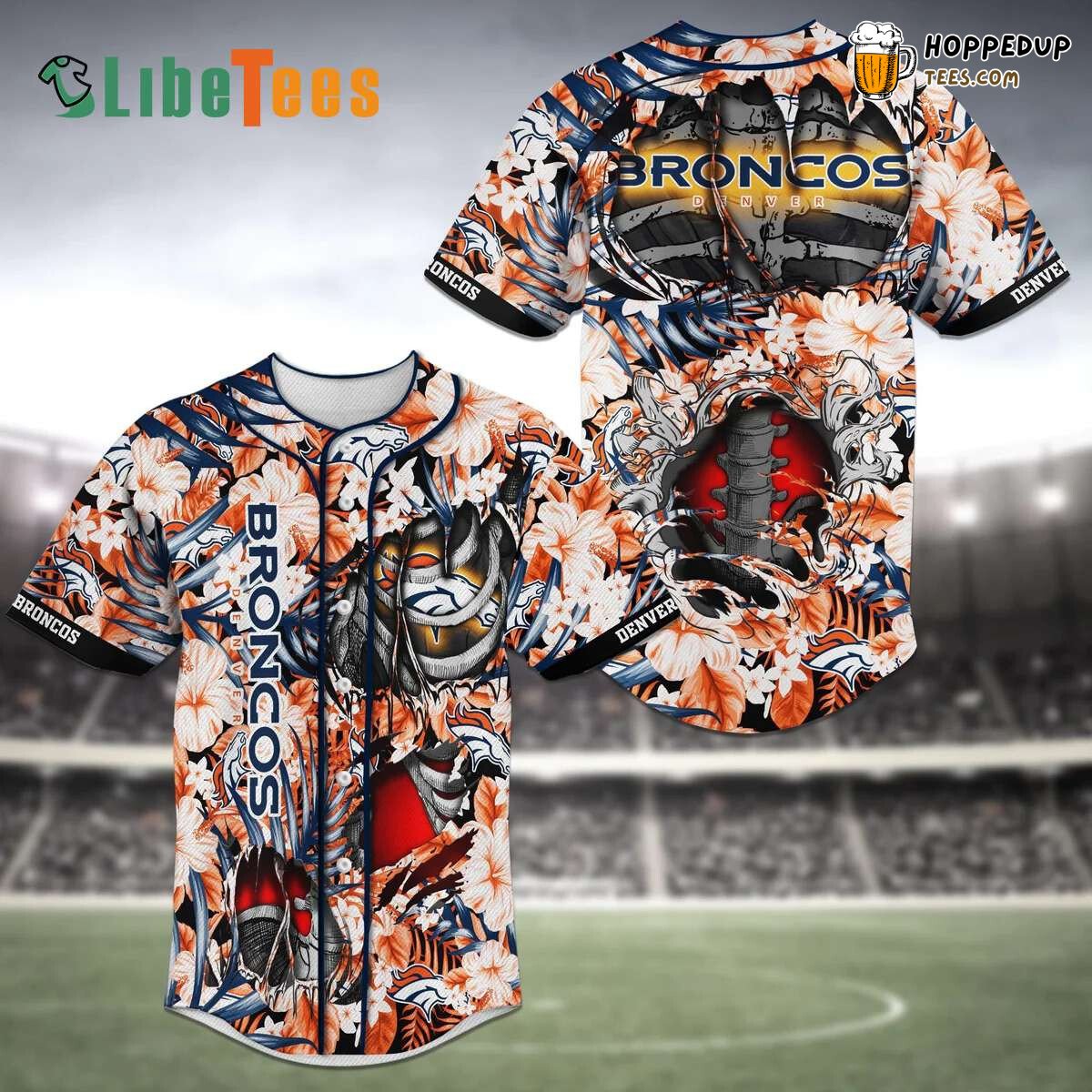 Denver Broncos Baseball Jersey with Flowers And Skellington