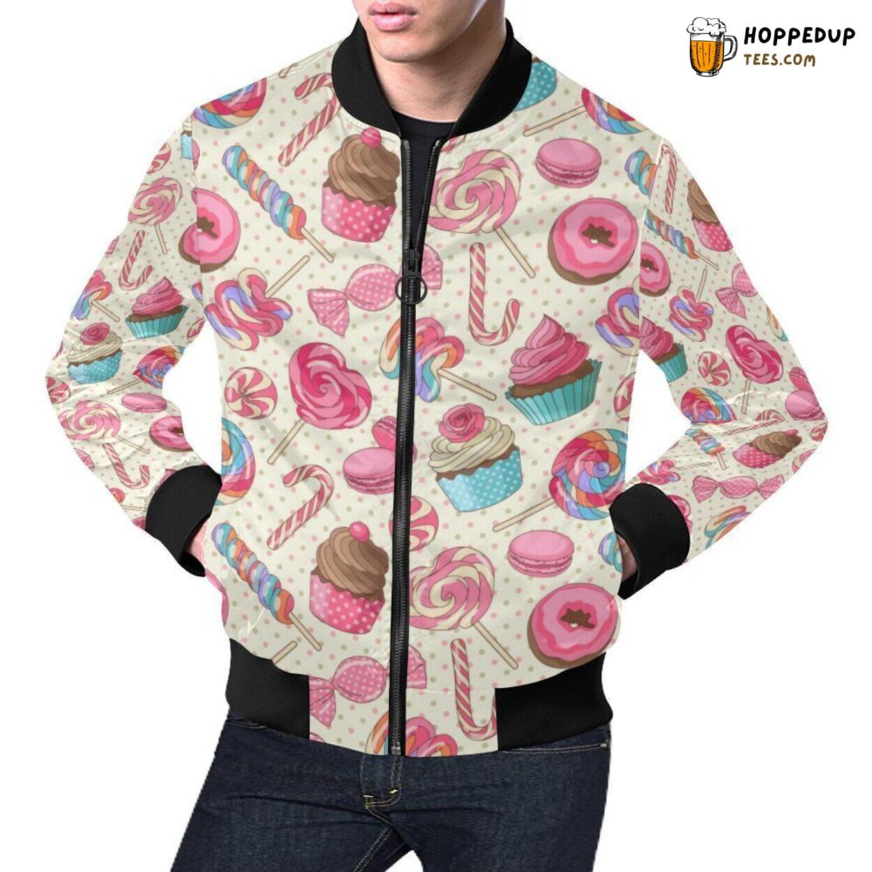 Dessert Theme Cupcake Pattern Print Men’s Bomber Jacket Distinct Look Dessert Theme Cupcake Pattern Print Men’s Bomber Jacket Distinct Look