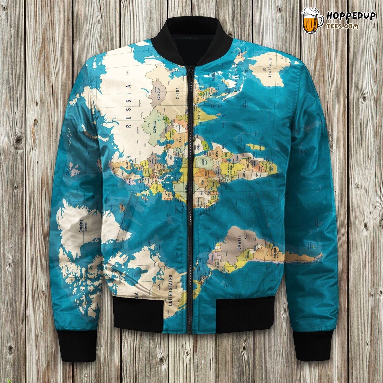 Detailed Blue World Map Winter Bomber Jacket Explorer’s Dream Fashion Look