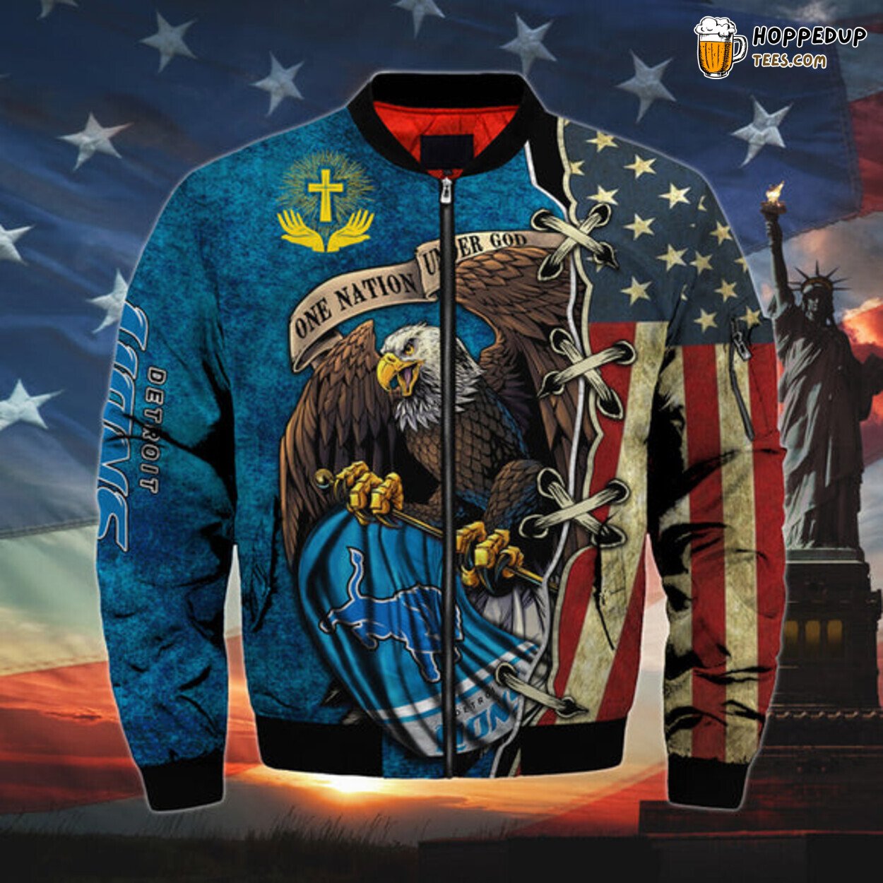 Detroit Lions Bomber Jacket Men Classic Series One Nation Under God Look