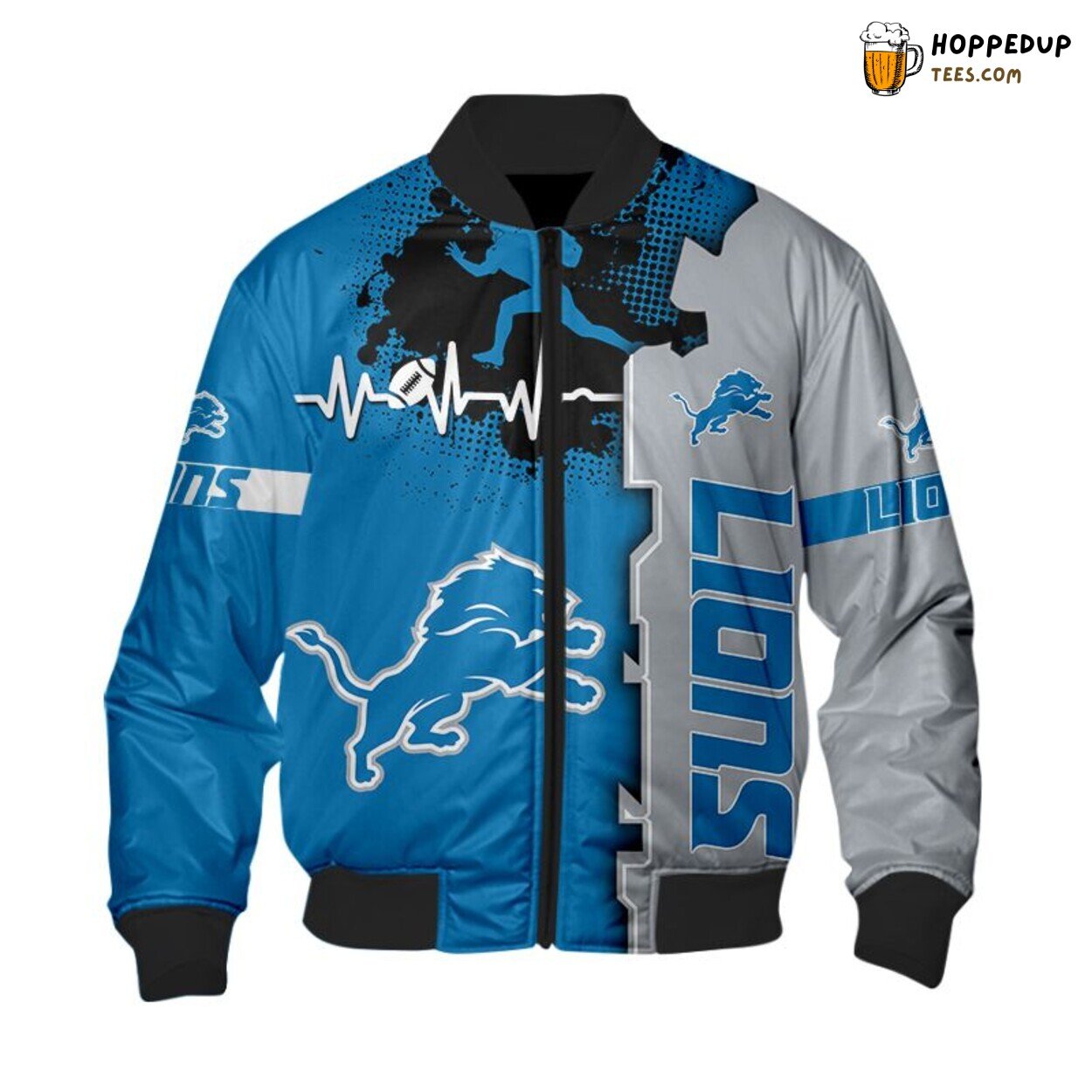 Detroit Lions Heart ECG Line Design Bomber Jacket Authentic Wear