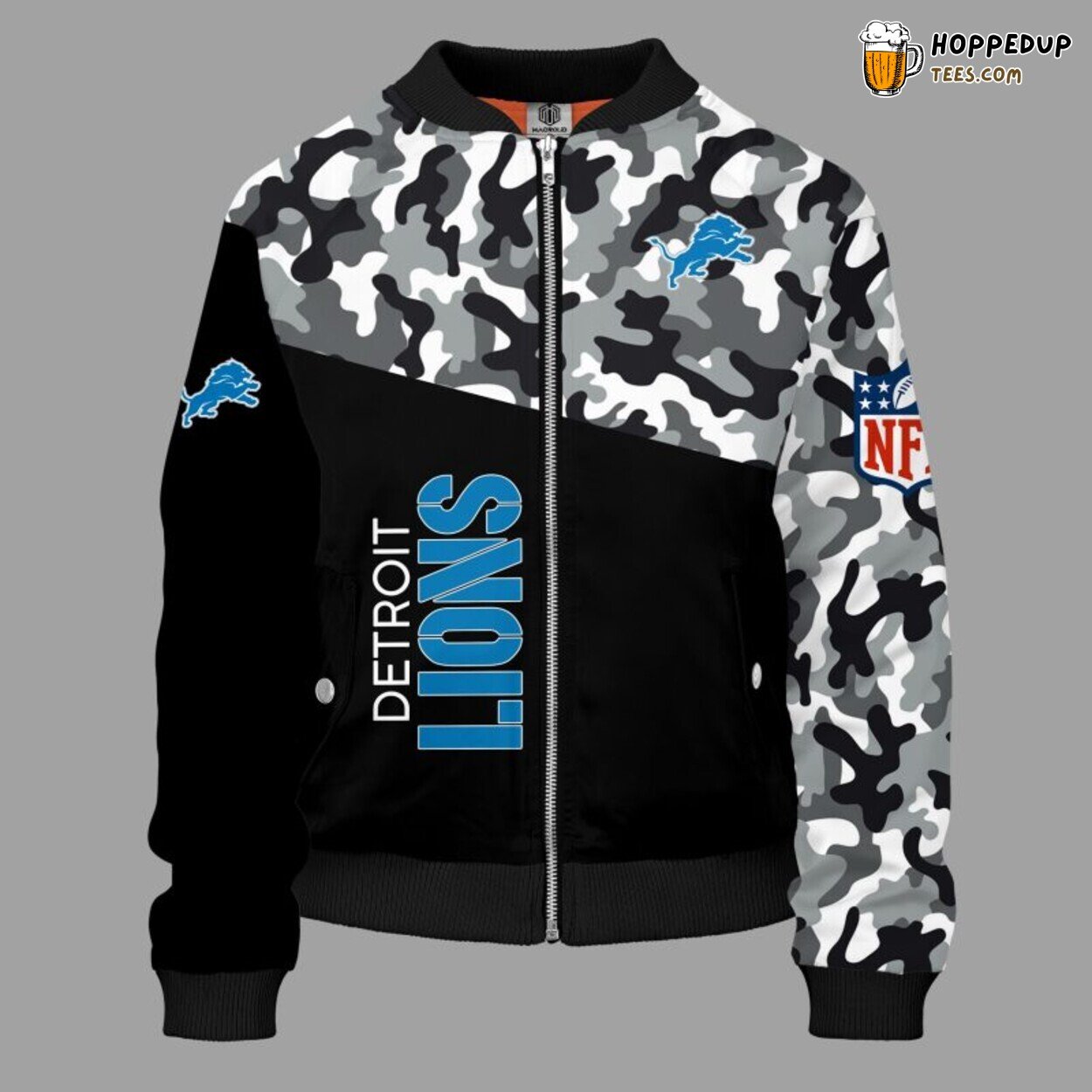 Detroit Lions NFL Camouflage Blue Distinct Bomber Jacket Look