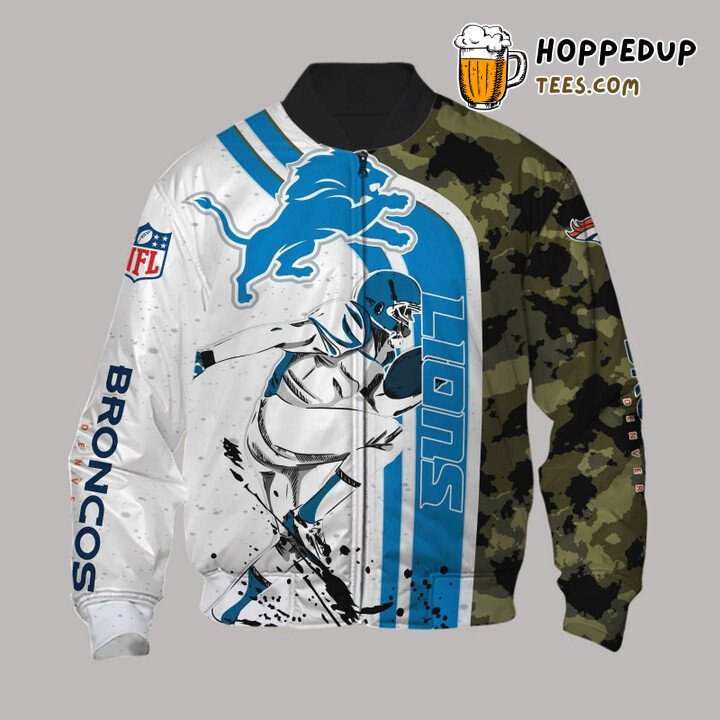 Detroit Lions NFL White Blue Camouflage Bomber Jacket Design