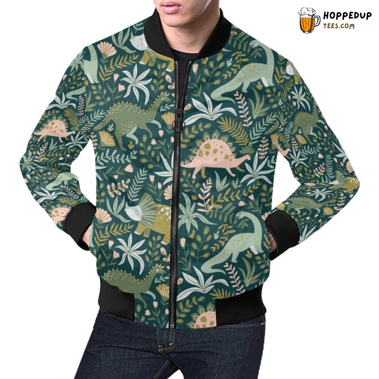 Dino Dinosaur with Flower Leaf Pattern Men’s Bomber Jacket Unique Look Dino Dinosaur with Flower Leaf Pattern Men’s Bomber Jacket Unique Look