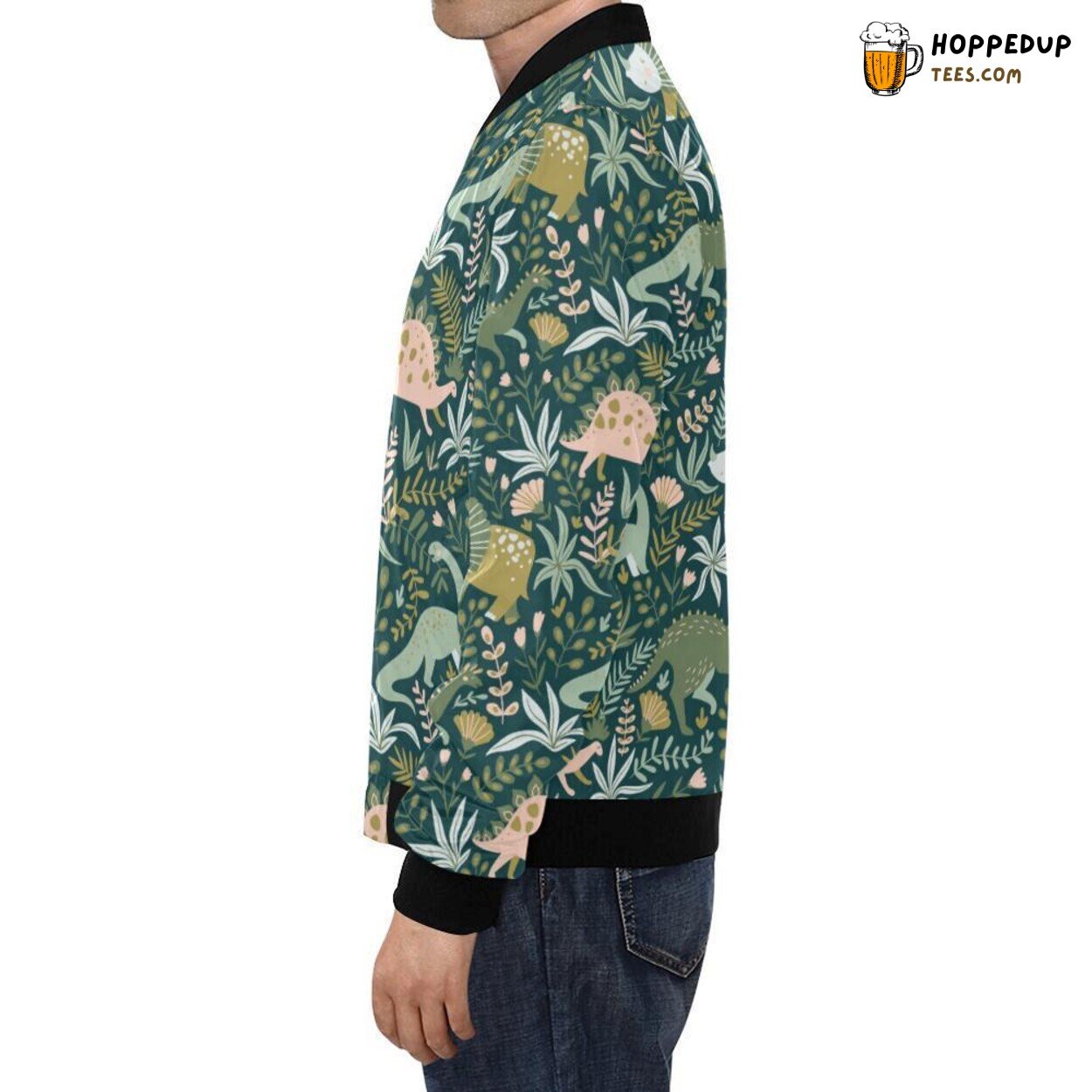 Dino Dinosaur with Flower Leaf Pattern Men’s Bomber Jacket Unique Look