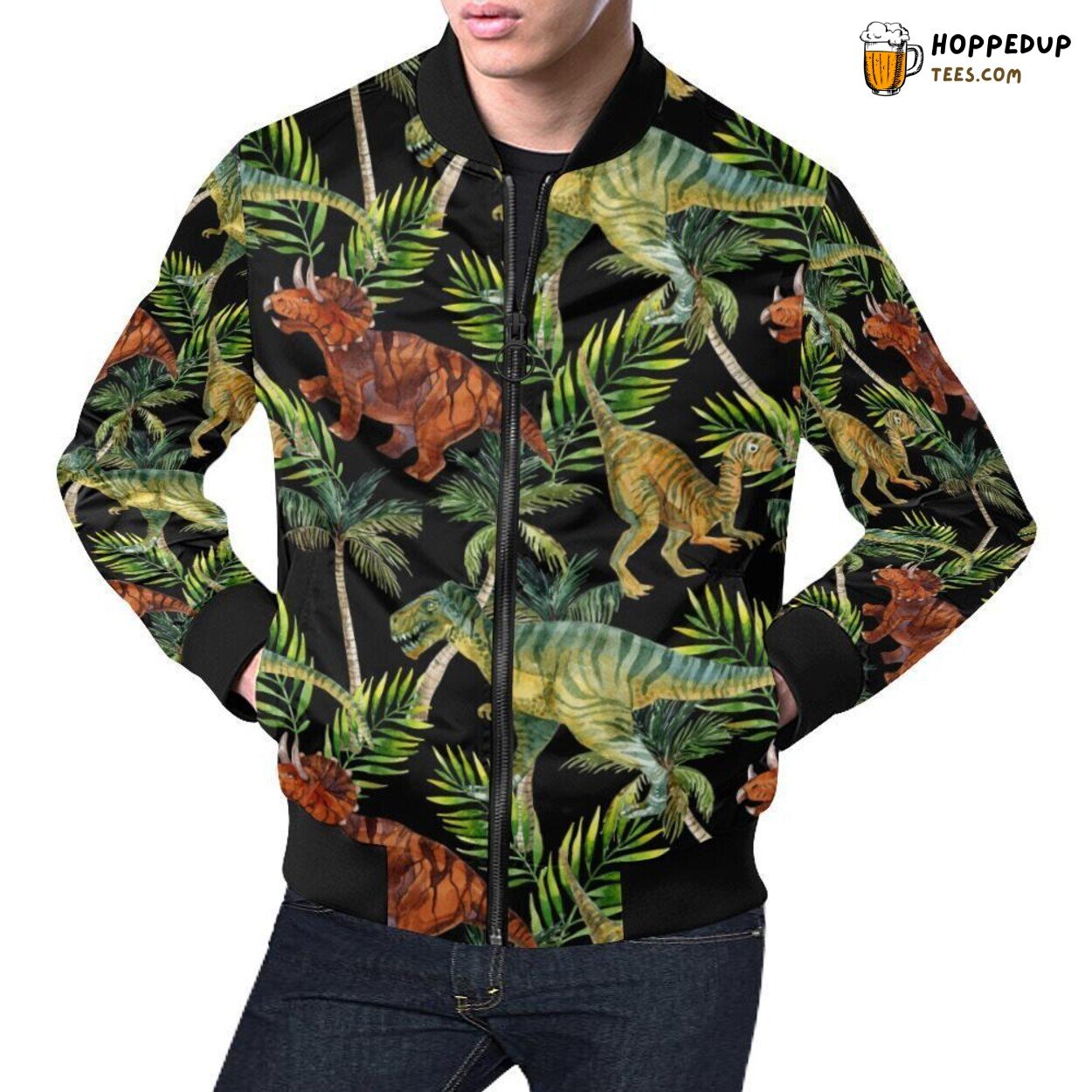 Dino Dinosaur with Palm Leaf Pattern Men’s Bomber Jacket Unique Design Dino Dinosaur with Palm Leaf Pattern Men’s Bomber Jacket Unique Design