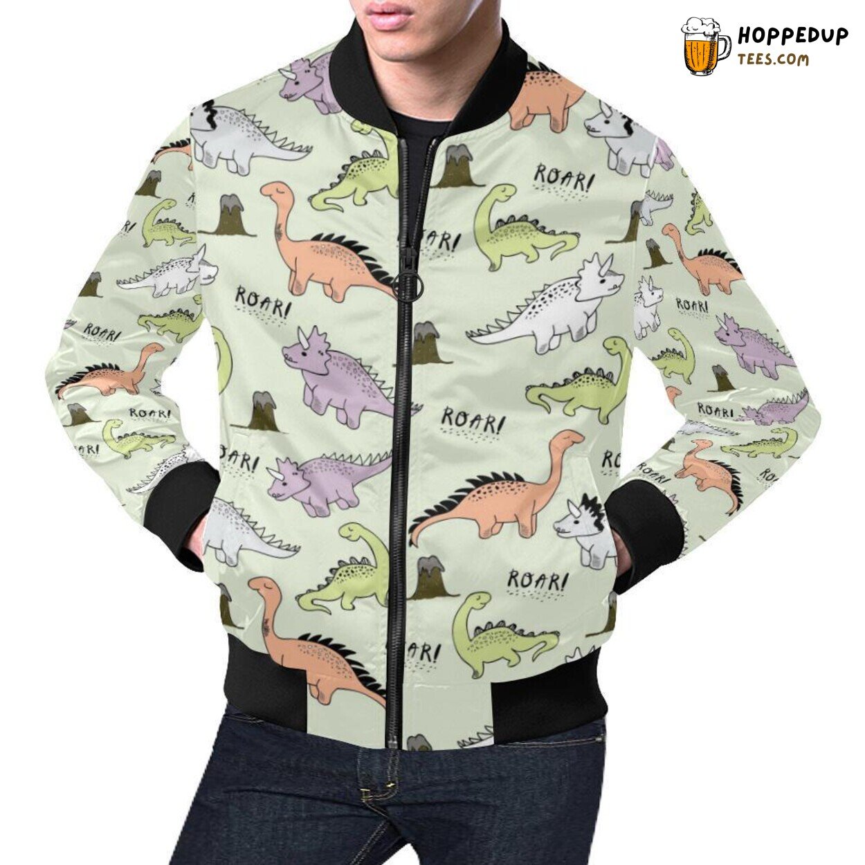 Dino Roar Dinosaur Themed Pattern Men’s Bomber Jacket Unique Design Look Dino Roar Dinosaur Themed Pattern Men’s Bomber Jacket Unique Design Look