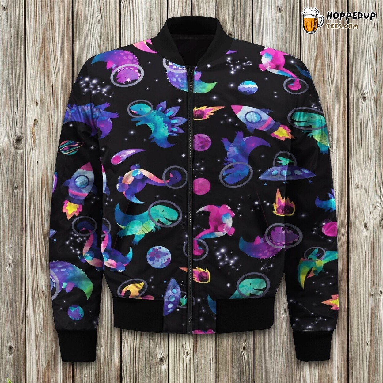 Dinosaur Astronauts In Space Pink Watercolor Pattern Bomber Jacket