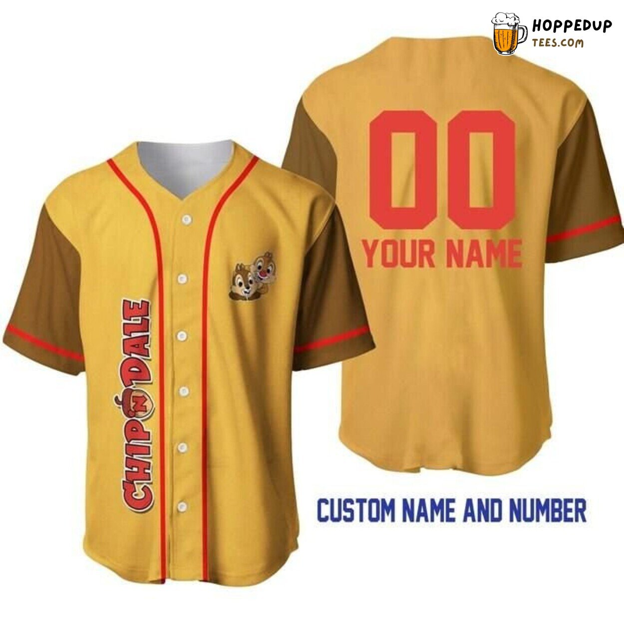 Disney Chip ‘n’ Dale Gold Brown Red Fun Graphic Baseball Jersey