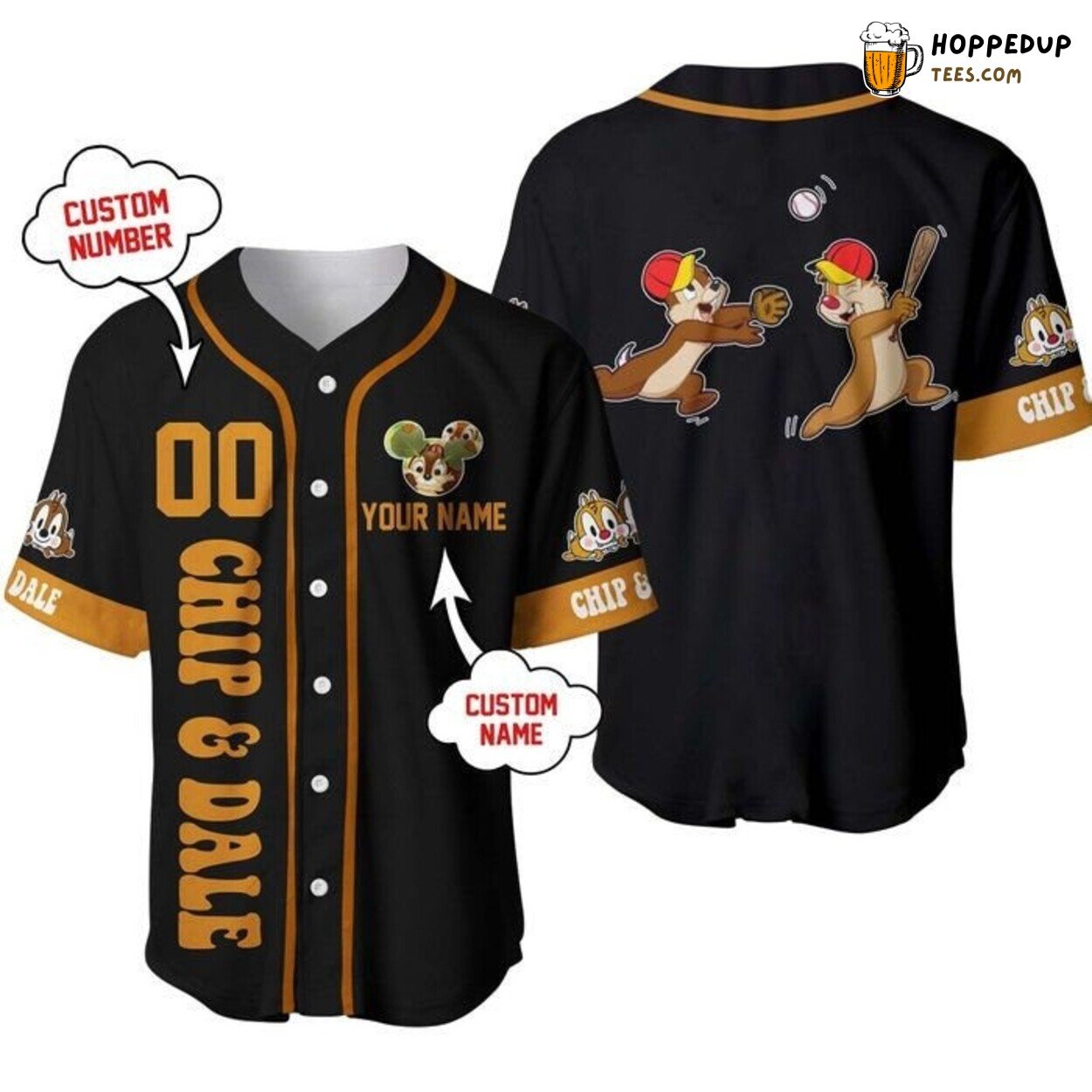 Disney Chipmunks Chip & Dale Brown Black Fun Baseball Jersey Cute