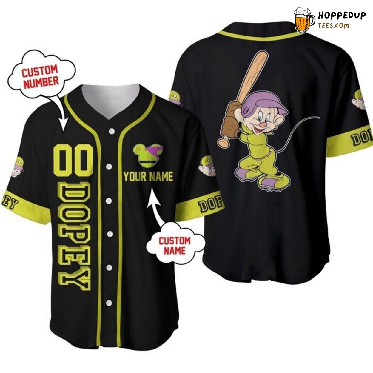Disney Dopey Dwarf Yellow Black Cartoon Graphic Baseball Jersey Fun