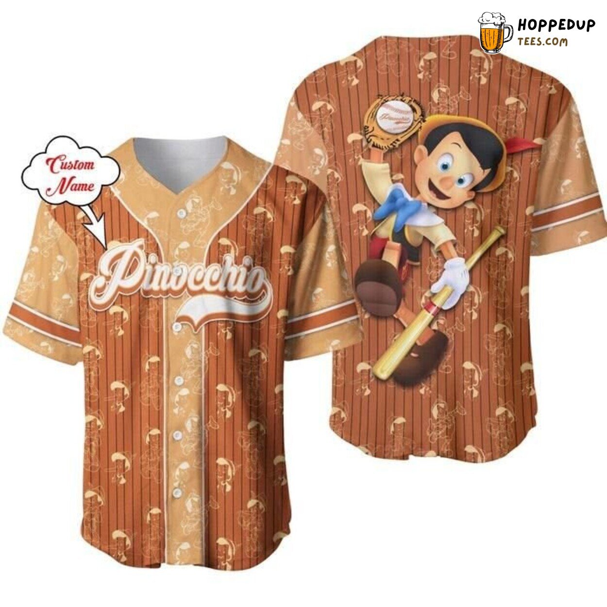 Disney Pinocchio Brown White Custom Casual Cartoon Baseball Jersey