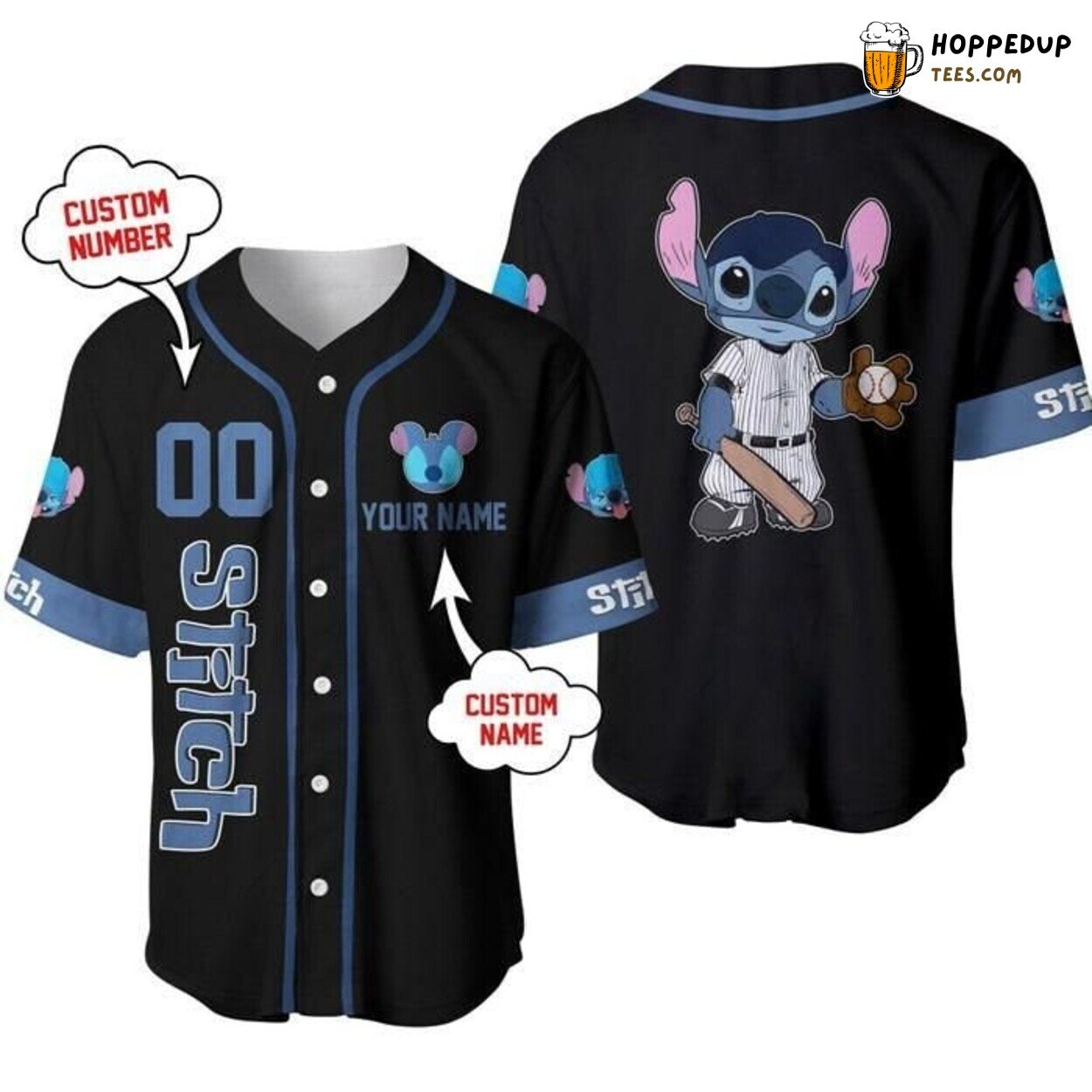 Disney Stitch Blue Black Cartoon Casual Graphic Baseball Jersey
