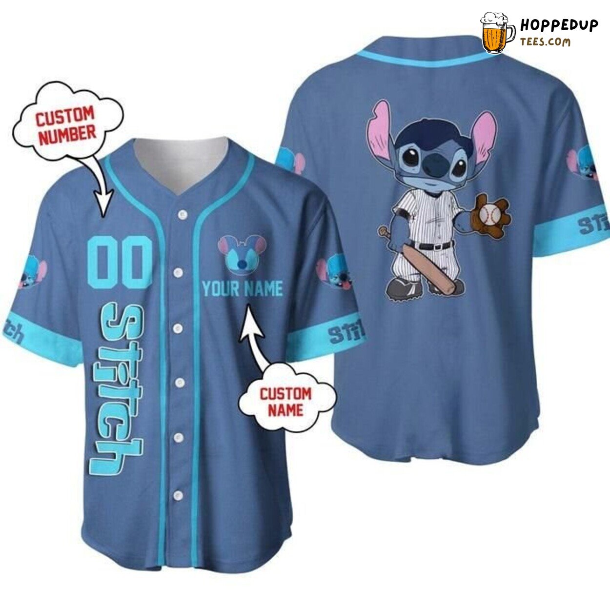 Disney Stitch Denim Blue Cartoon Character Unisex Baseball Jersey