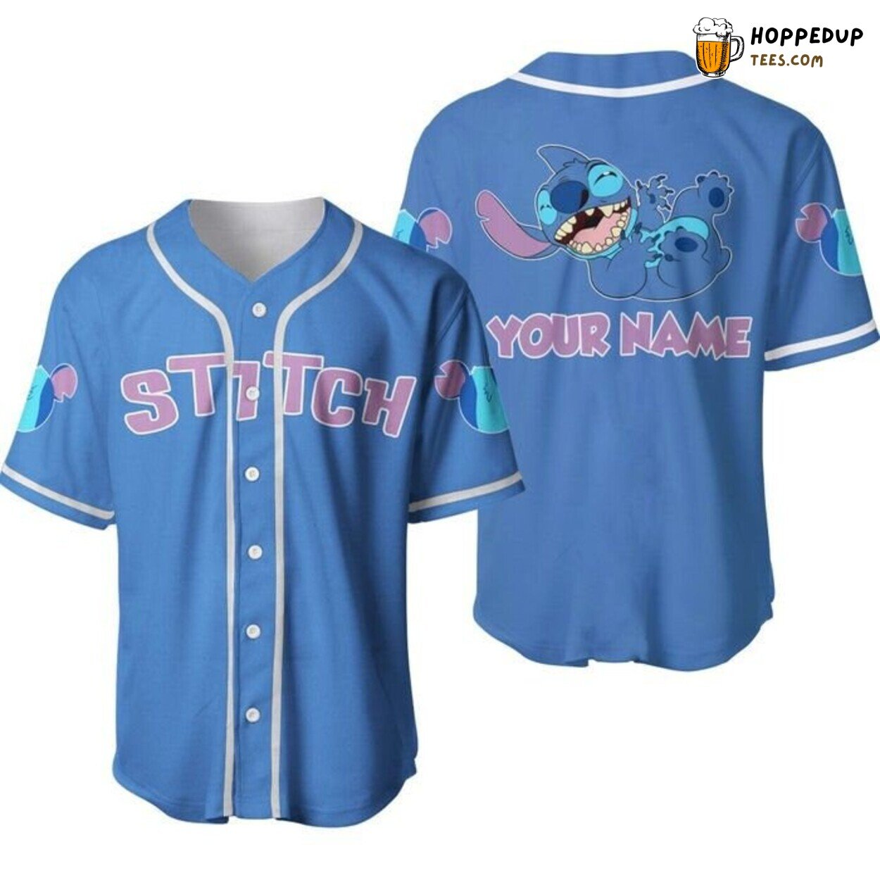 Disney Stitch Smiling Pink Blue Cartoon Fun Baseball Jersey Cute