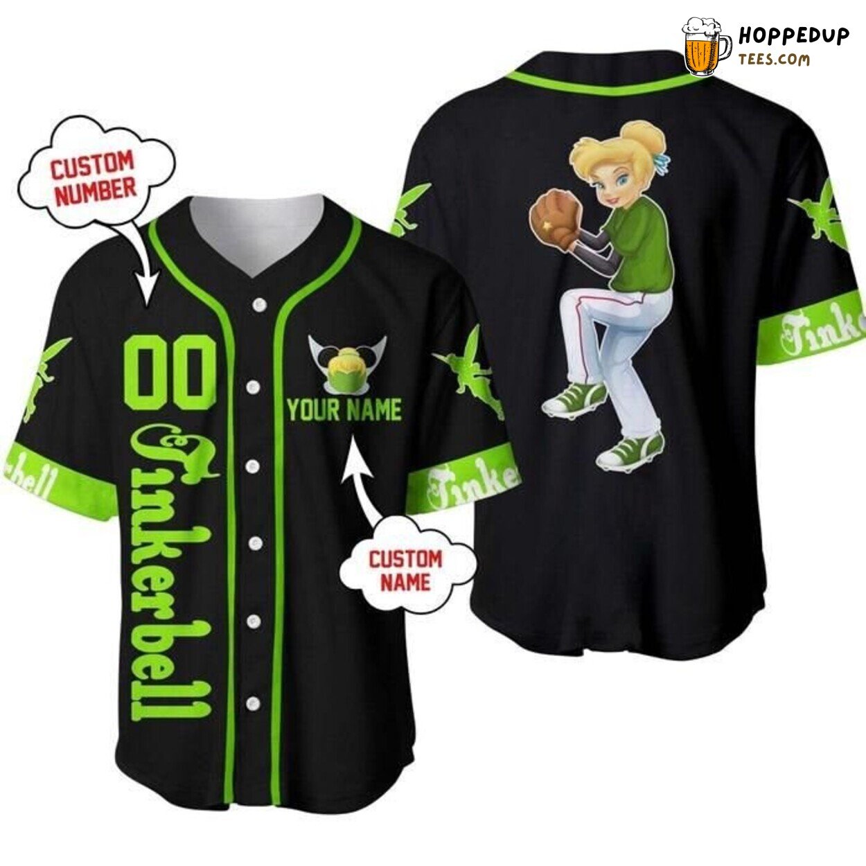 Disney Tinker Bell Green Black Magic Dust Graphic Baseball Jersey