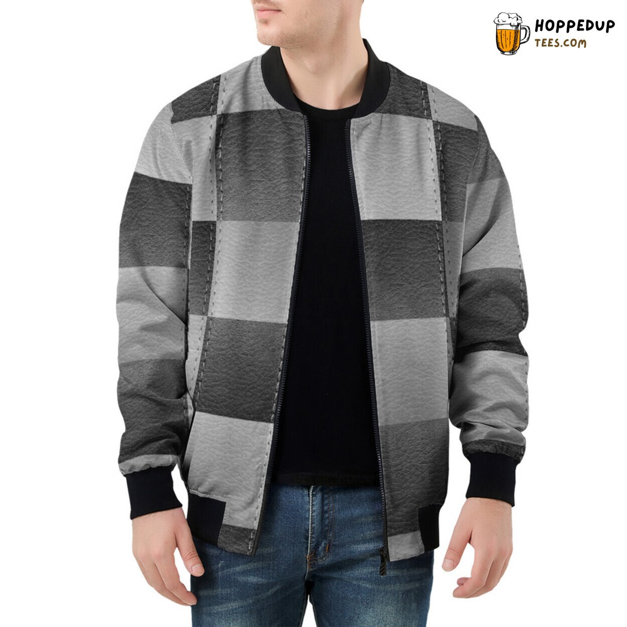 Distinct Chess Board Patchwork Men’s Bomber Jacket True Elegance