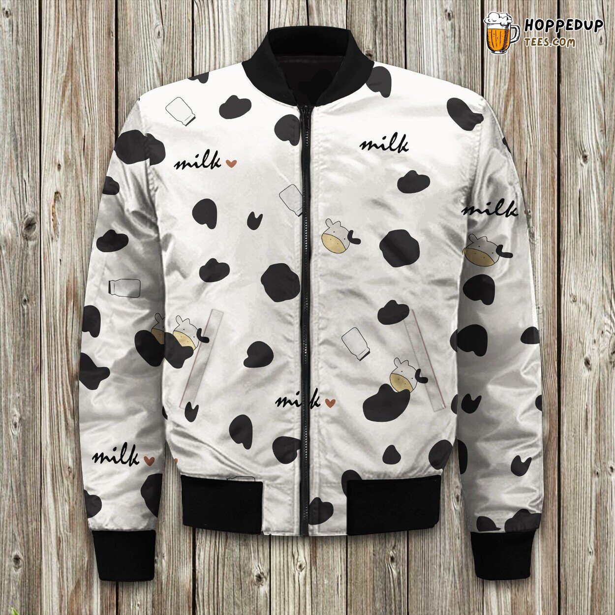 Distinctive Cow Print Design Winter Bomber Jacket Fashion Statement