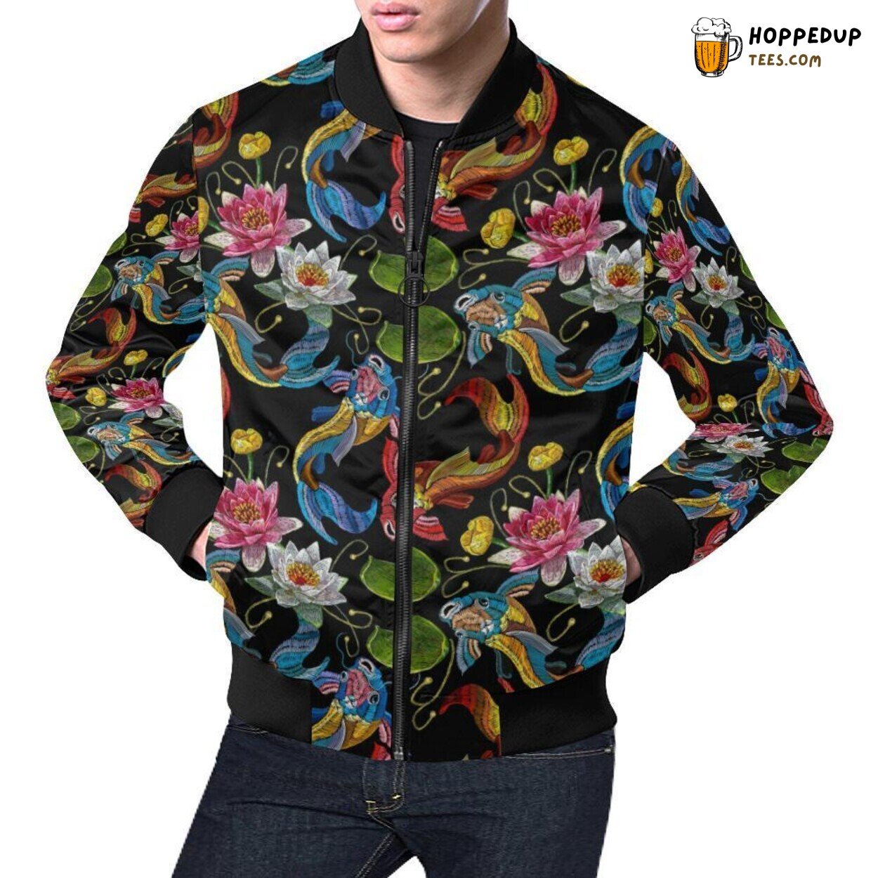 Distinctive Crochet Koi & Lotus Pattern Printed Men’s Bomber Jacket