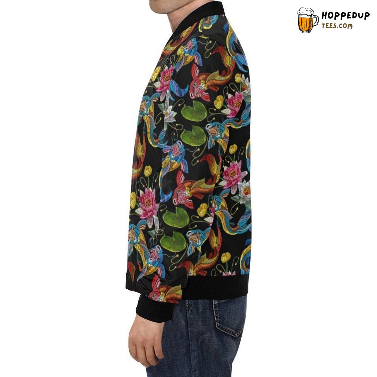 Distinctive Crochet Koi & Lotus Pattern Printed Men’s Bomber Jacket