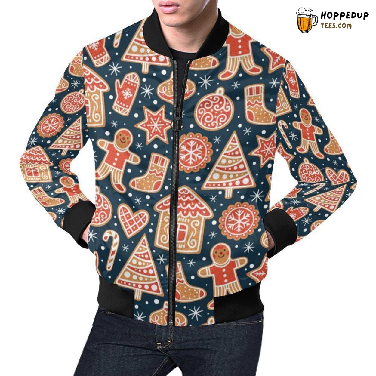 Distinctive Gingerbread Man Christmas Print Men’s Stylish Bomber Jacket Distinctive Gingerbread Man Christmas Print Men’s Stylish Bomber Jacket
