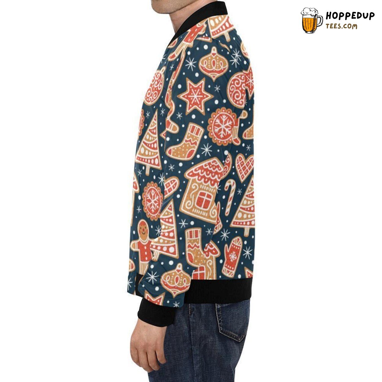 Distinctive Gingerbread Man Christmas Print Men’s Stylish Bomber Jacket