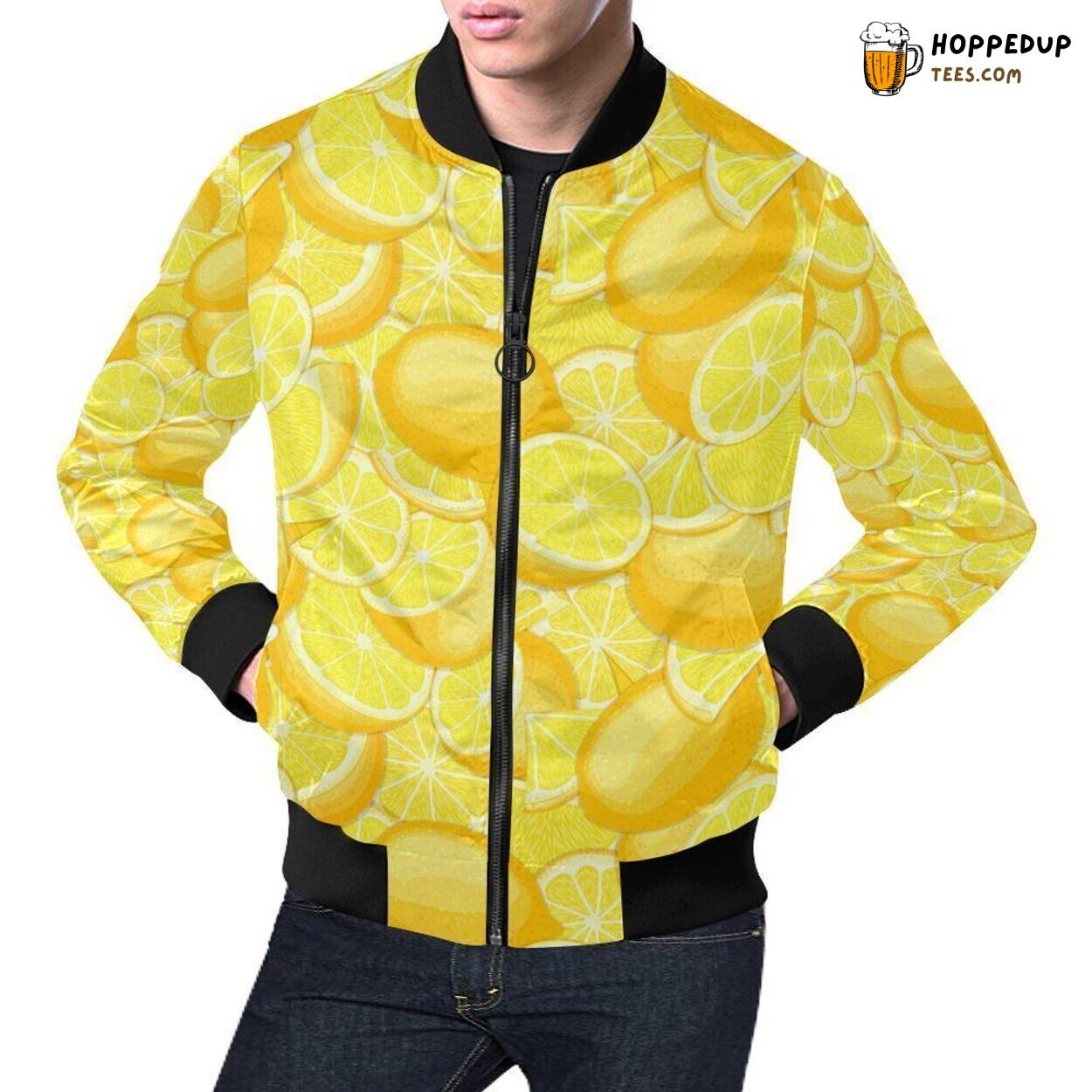 Distinctive Men’s Bomber Jacket with Slice Lemon Pattern Print