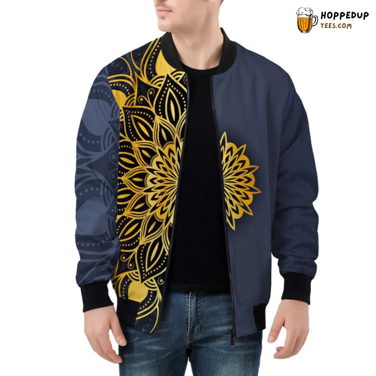 Distinguished Luxury Bomber Jacket with Golden Mandala Patterns