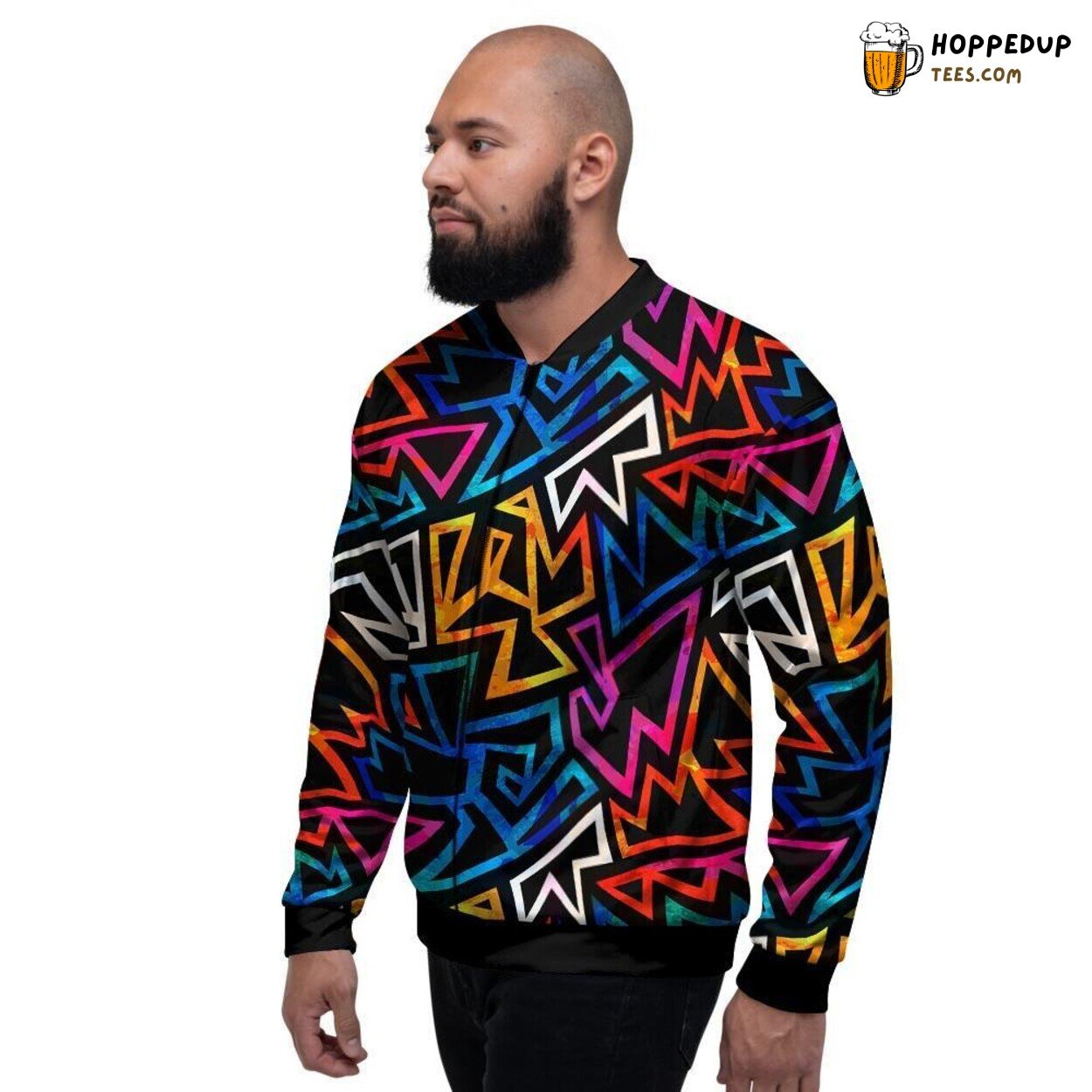 Diverse Geometric Patterns Blend Men’s Bomber Jacket Artistic Shape Fusion