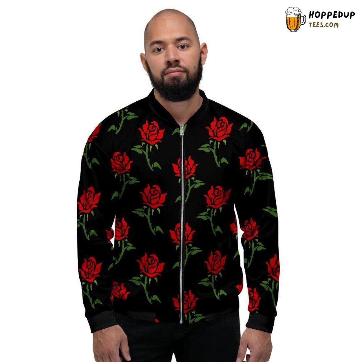 Doodle Art Red Rose Floral Design Men’s Bomber Jacket Sketch Blossom Look