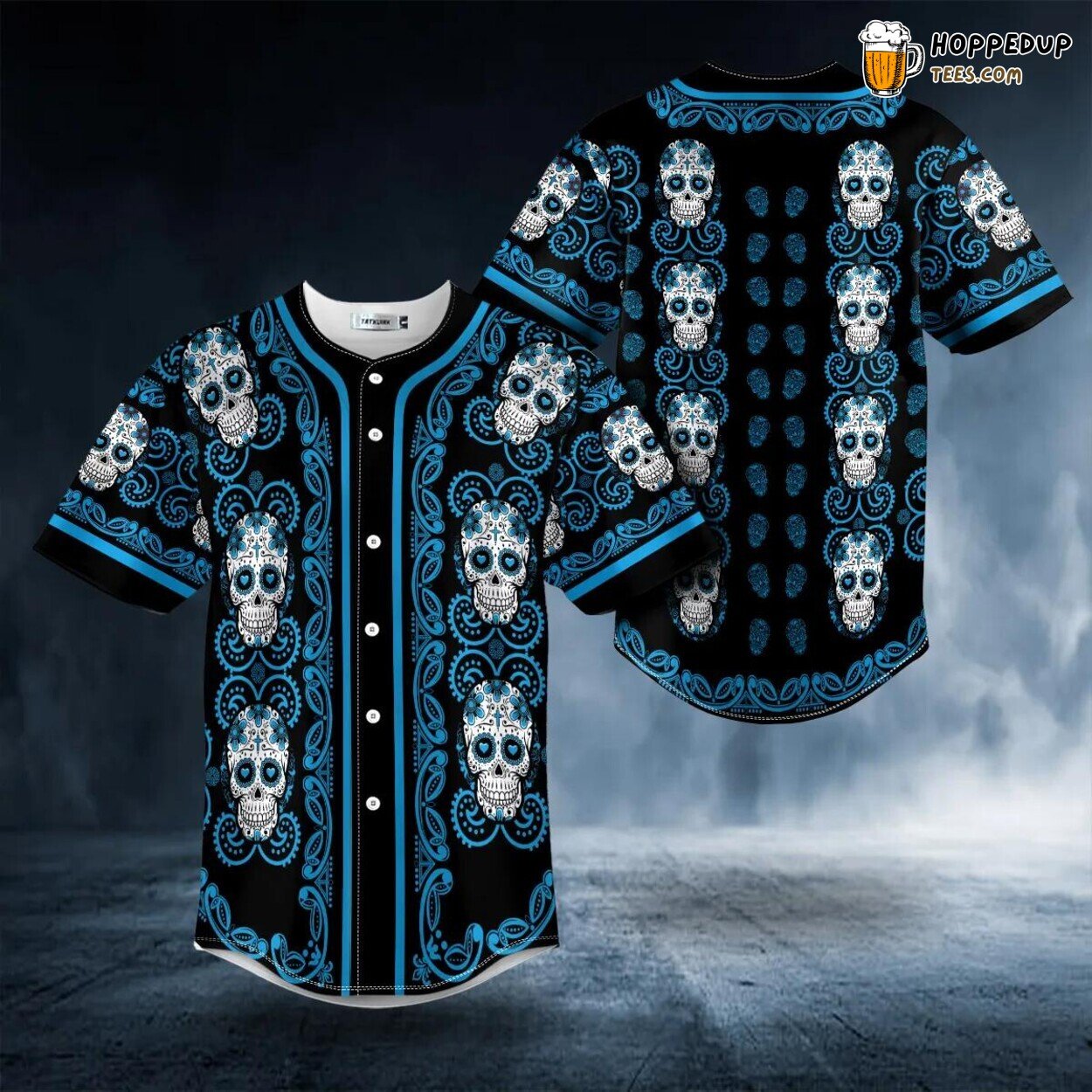 Doodle Blue Sugar Skull Floral Design 3D Printed Baseball Jersey