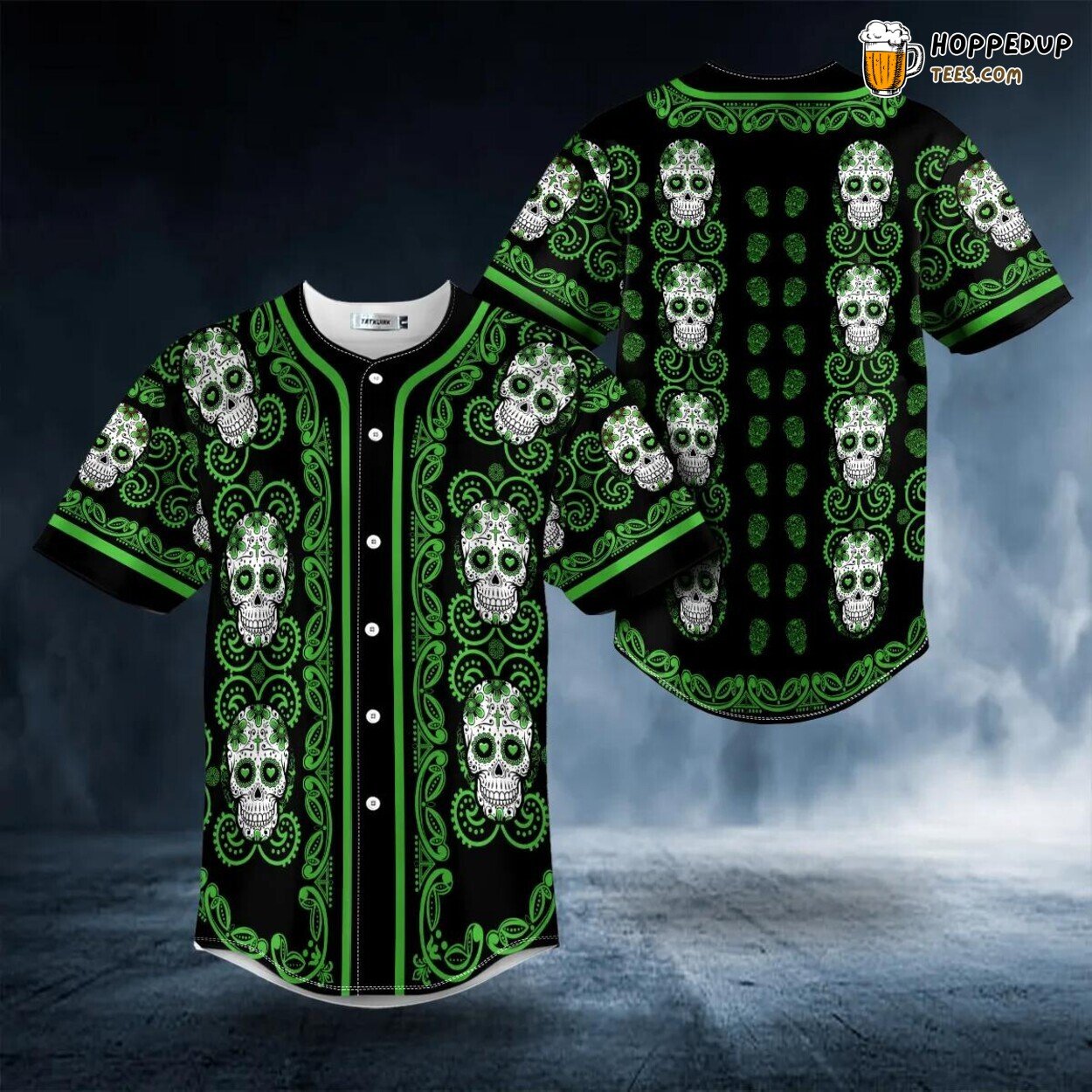 Doodle Floral Green Sugar Skull 3D Printed Baseball Jersey Graphic Tee