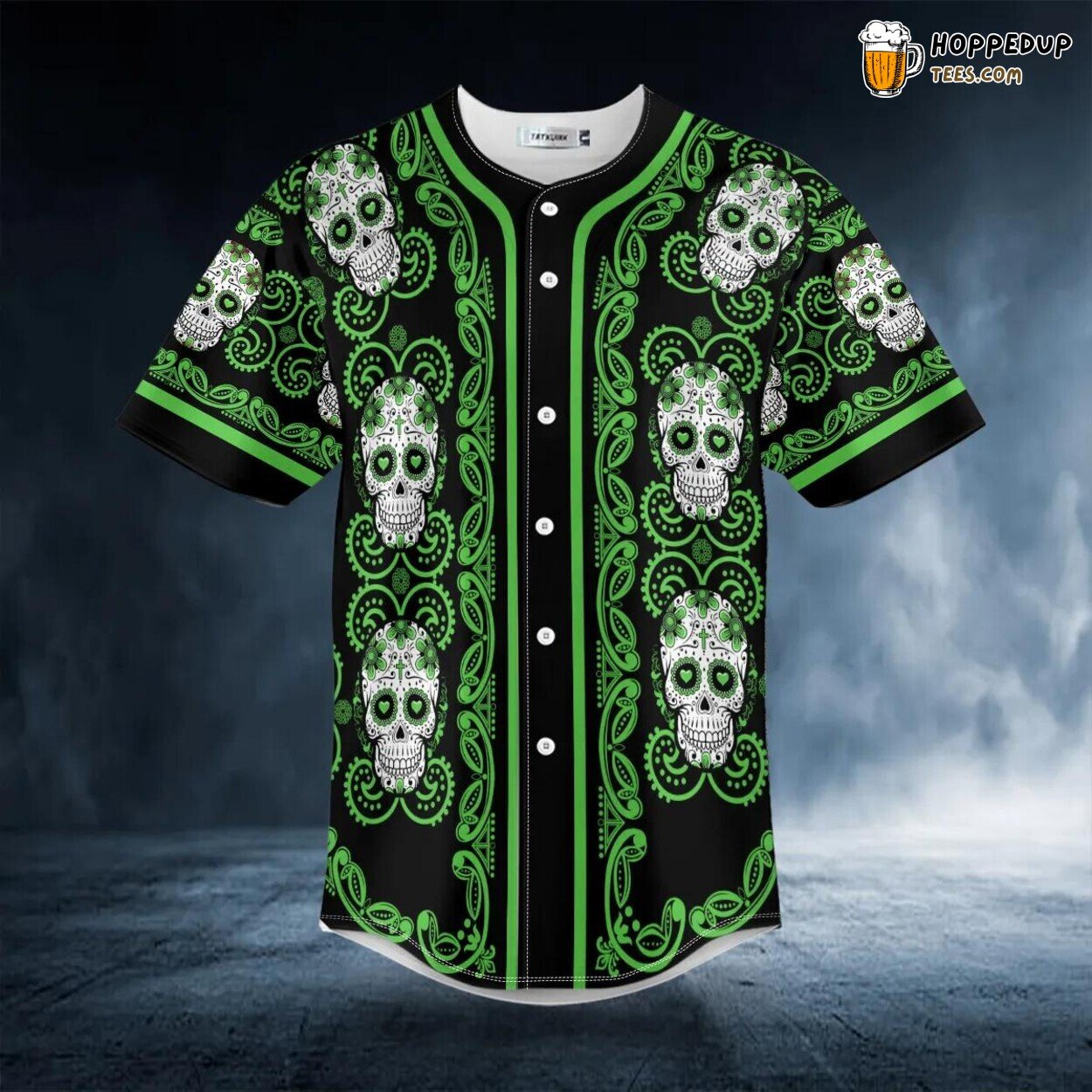 Doodle Floral Green Sugar Skull 3D Printed Baseball Jersey Graphic Tee