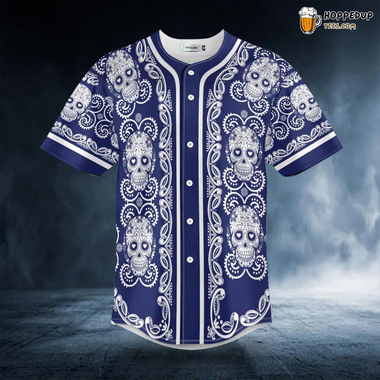 Doodle Navy Sugar Skull Floral 3D Printed Baseball Jersey Graphic
