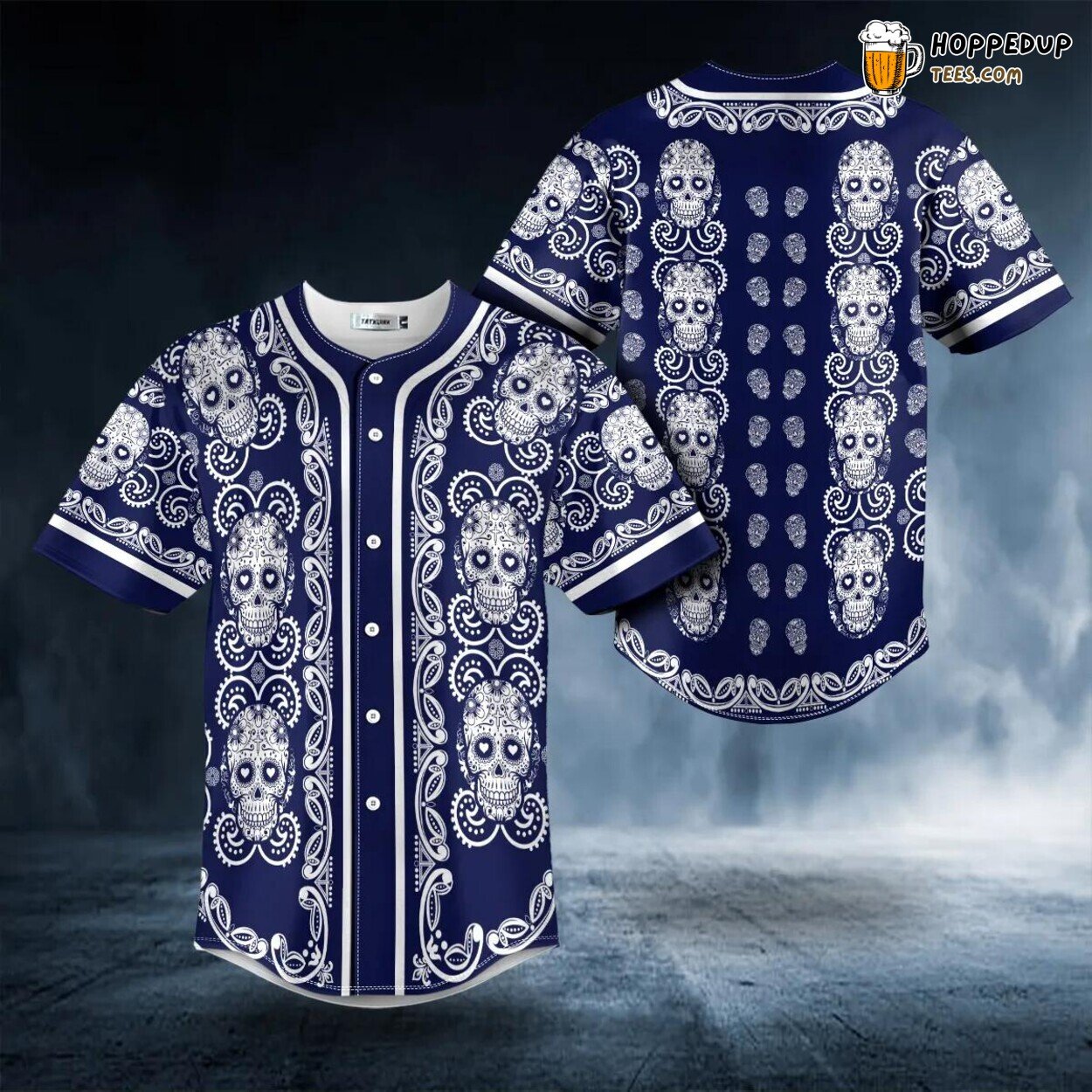Doodle Navy Sugar Skull Floral 3D Printed Baseball Jersey Graphic
