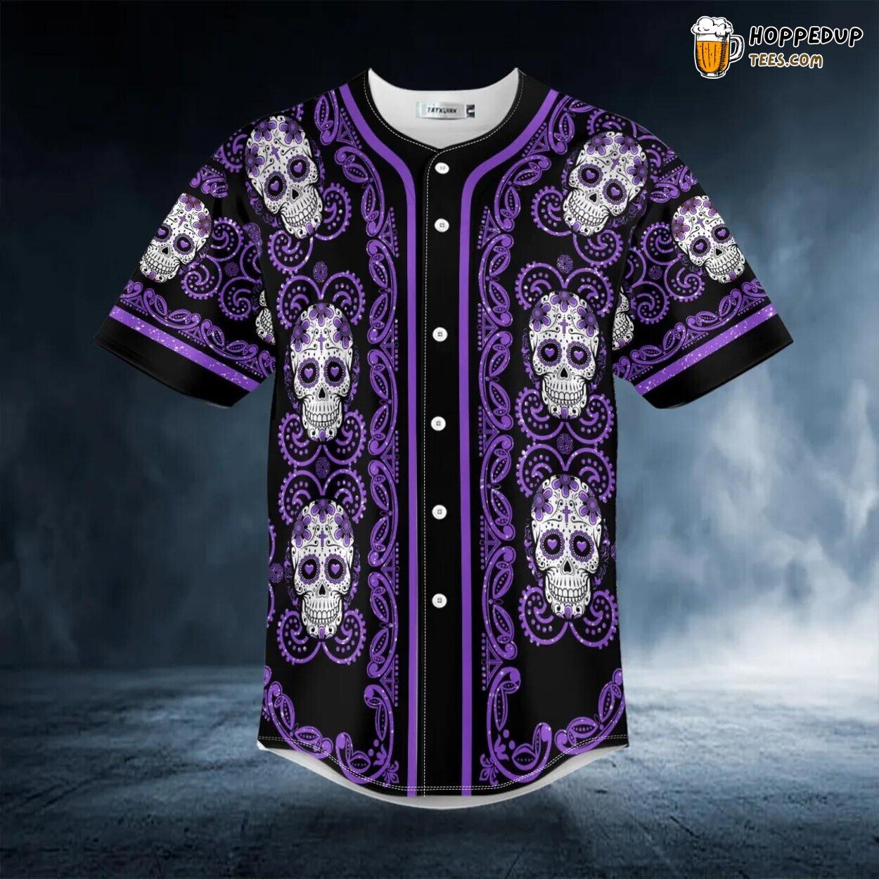 Doodle Purple Sugar Skull Floral 3D Printed Baseball Jersey Tee