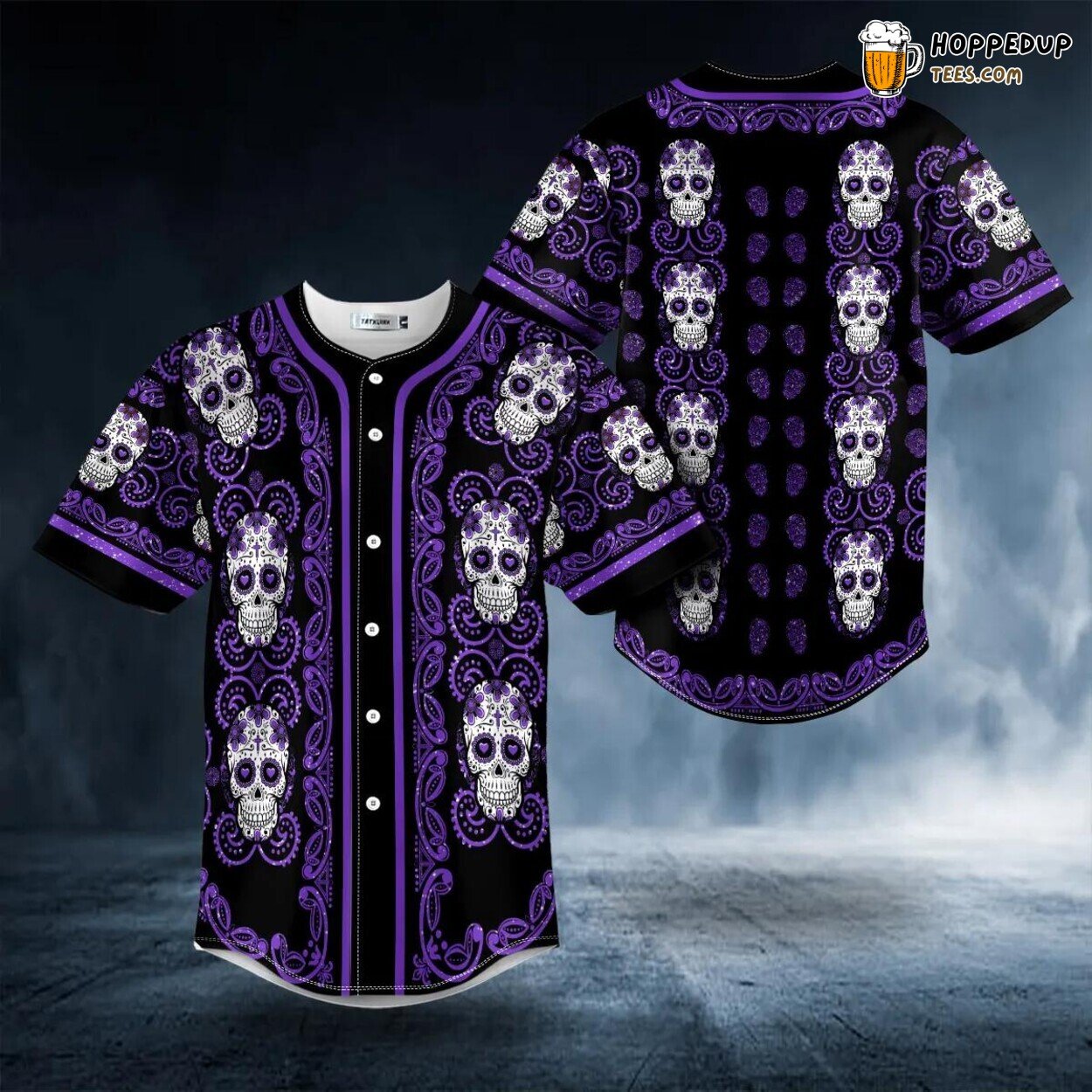 Doodle Purple Sugar Skull Floral 3D Printed Baseball Jersey Tee