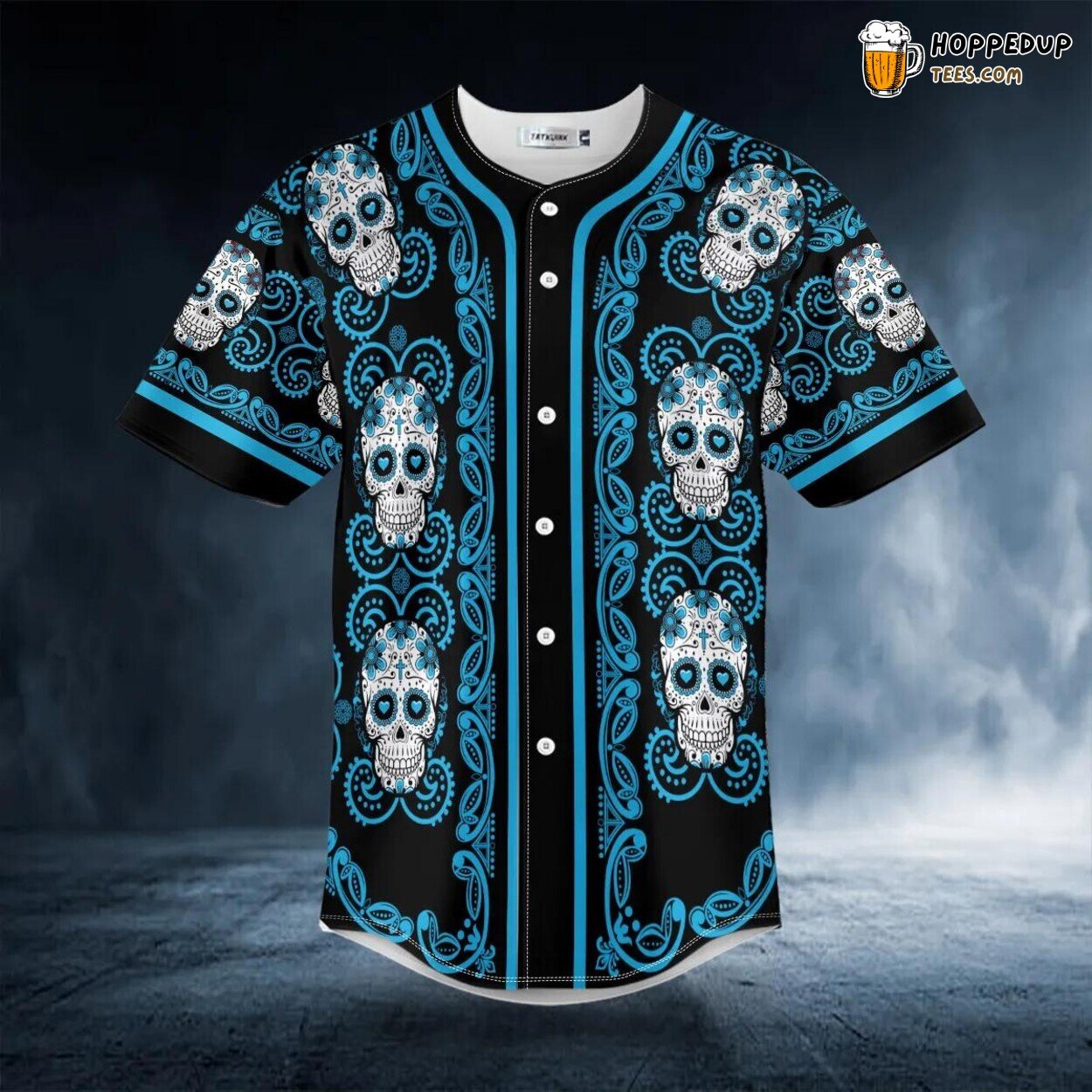 Doodle Sky Blue Sugar Skull Floral 3D Printed Baseball Jersey Tee