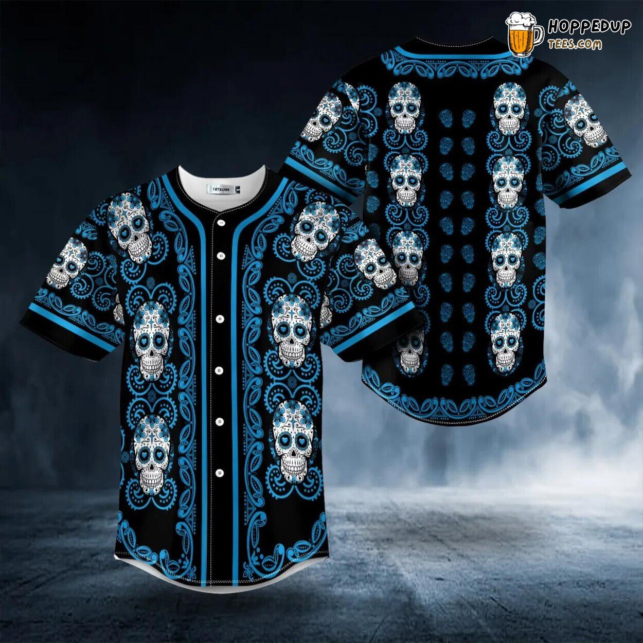 Doodle Sky Blue Sugar Skull Floral 3D Printed Baseball Jersey Tee