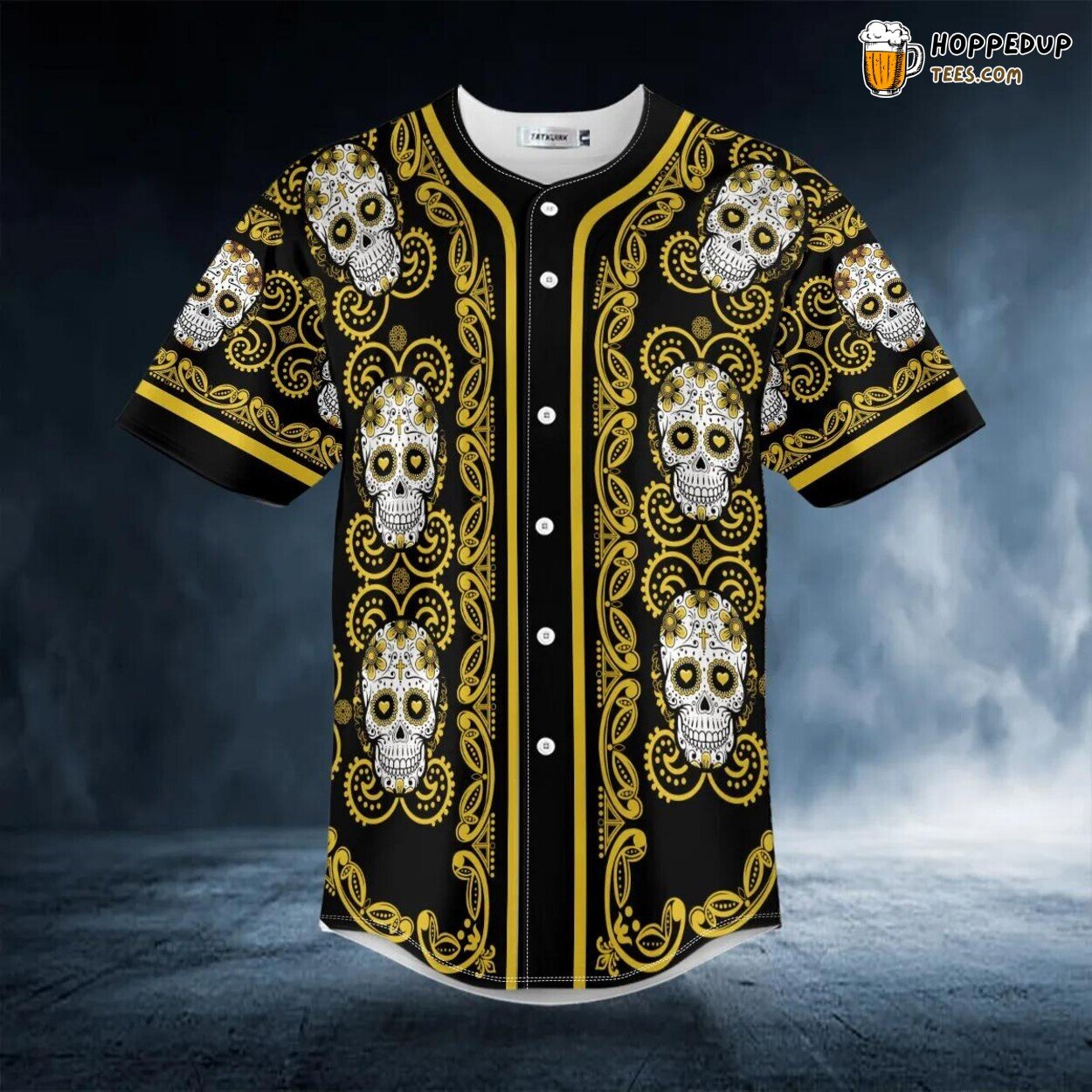 Doodle Yellow Sugar Skull Floral 3D Printed Baseball Jersey Tee