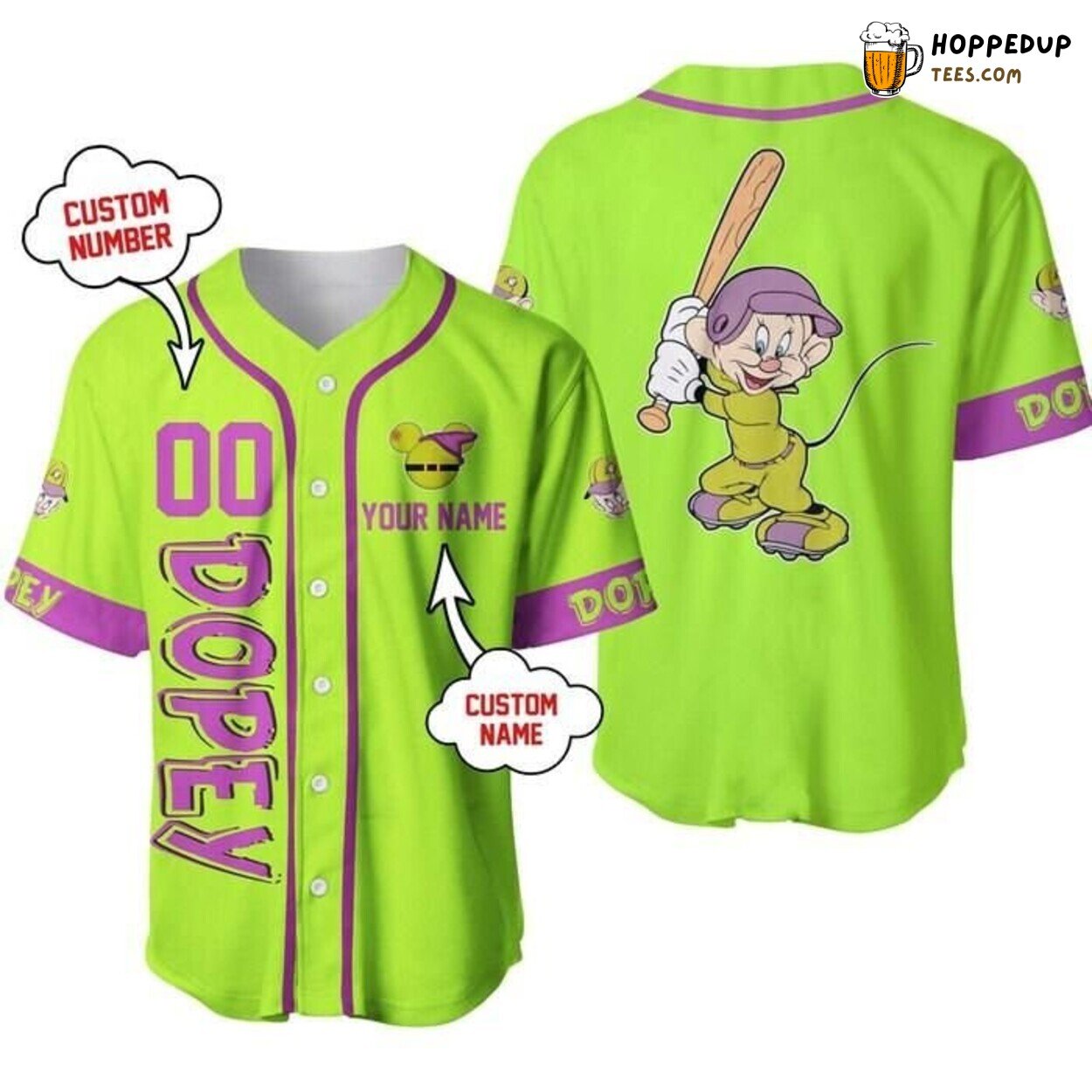 Dopey Dwarf Neon Green Purple Black Disney Baseball Jersey Vivid