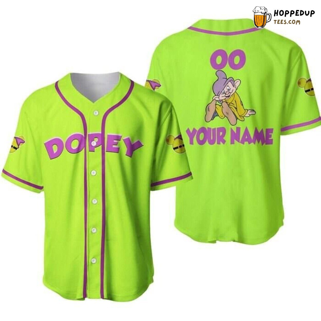 Dopey Dwarf Neon Green Purple Disney Cartoon Baseball Jersey Quirky