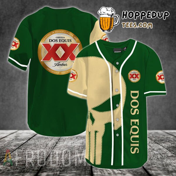 Dos Equis Themed Beige Baseball Jersey Skull Unique Distinctive Design Look