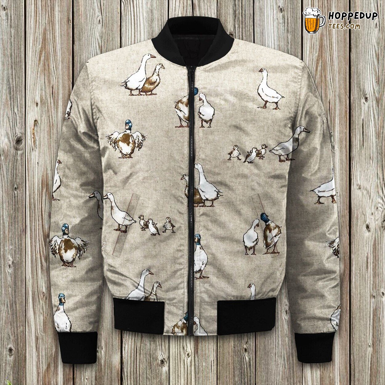 Double Cute Ducks Winter Bomber Jacket Pond Charm Illustrated