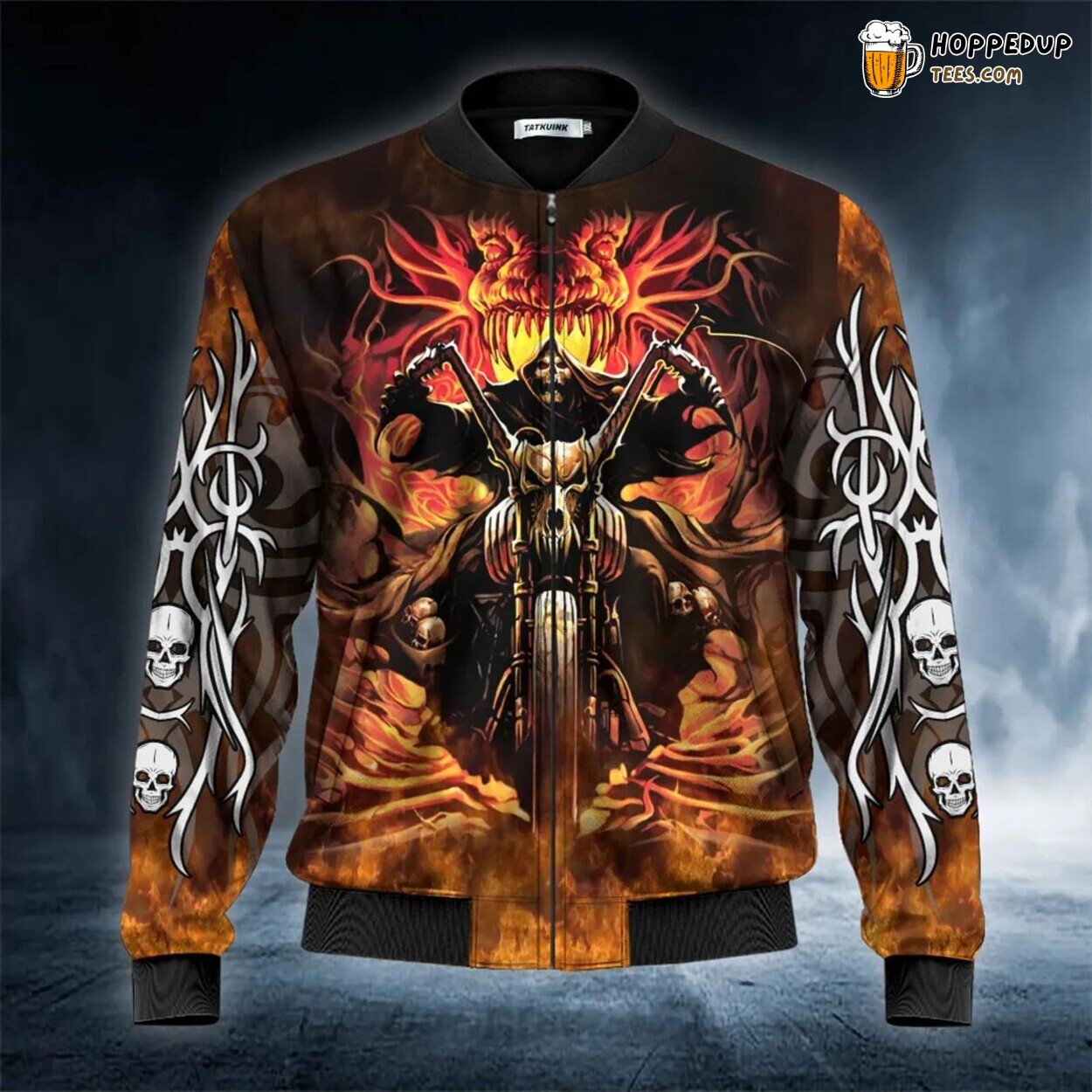Dragon Fire Grim Reaper Skull Unique Bomber Jacket 3D Print Viking Apparel