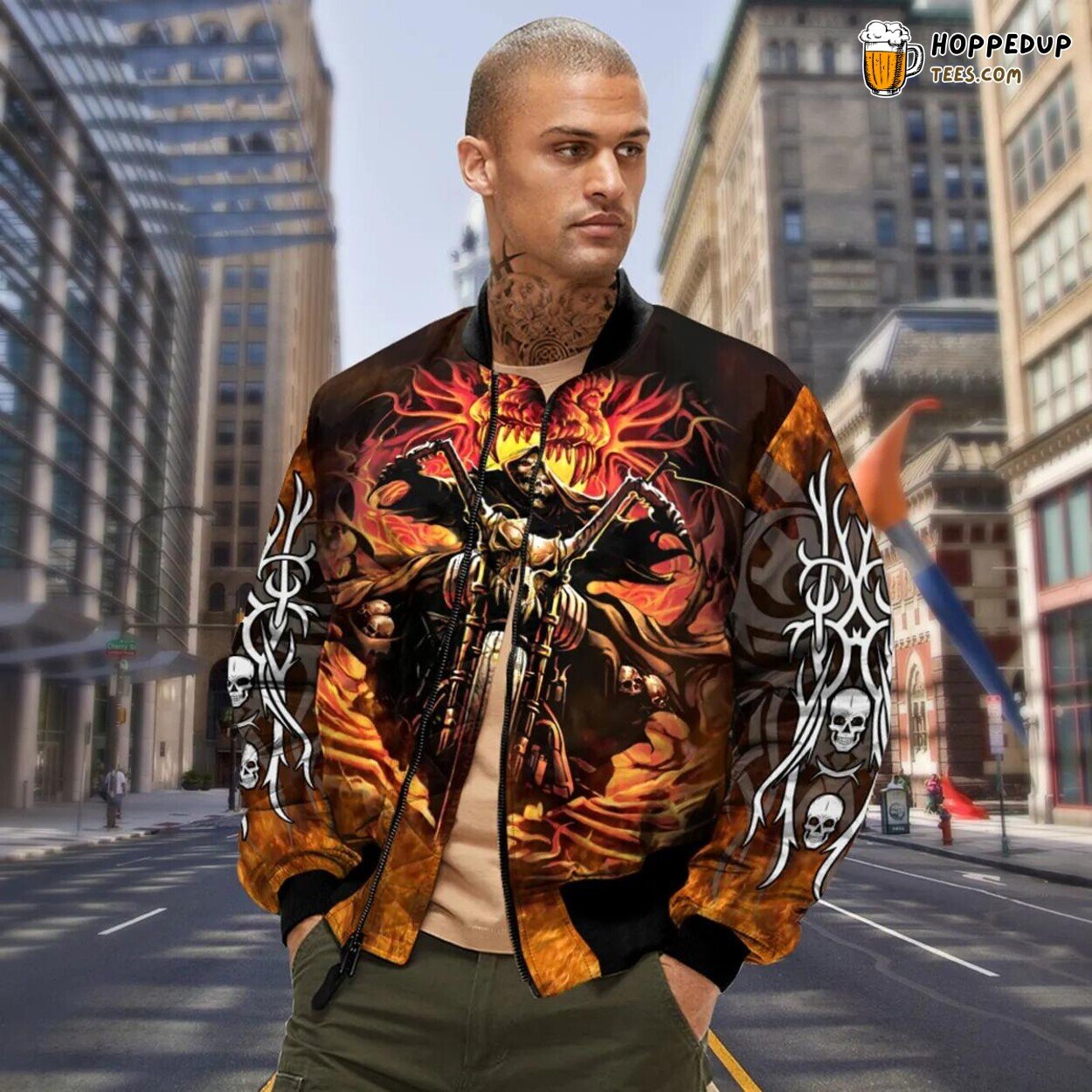 Dragon Fire Grim Reaper Skull Unique Bomber Jacket 3D Print Viking Apparel